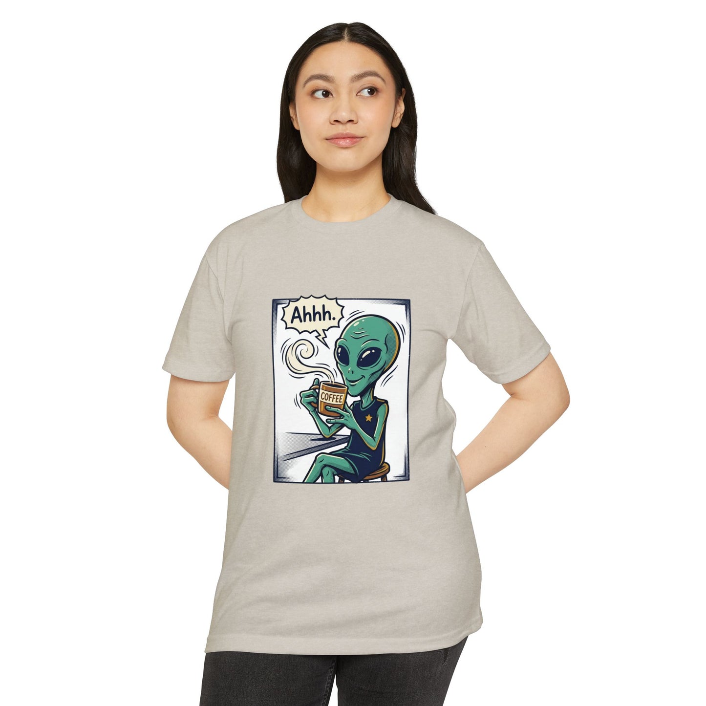Alien Coffee T-Shirt — "Ahhh" Relaxed Alien Drinking Coffee Graphic Tee