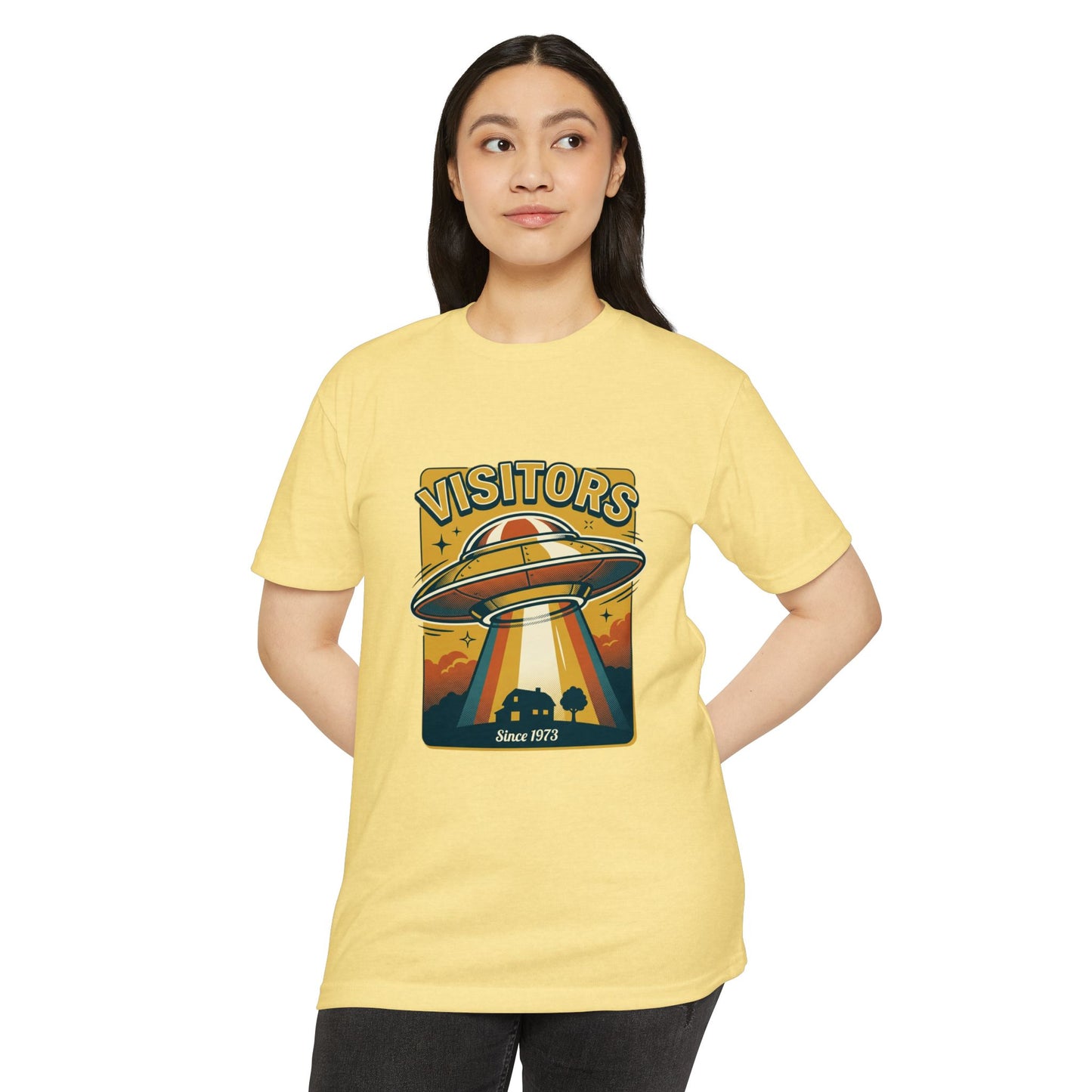 Visitors UFO Graphic T-Shirt — Retro Alien Abduction Design