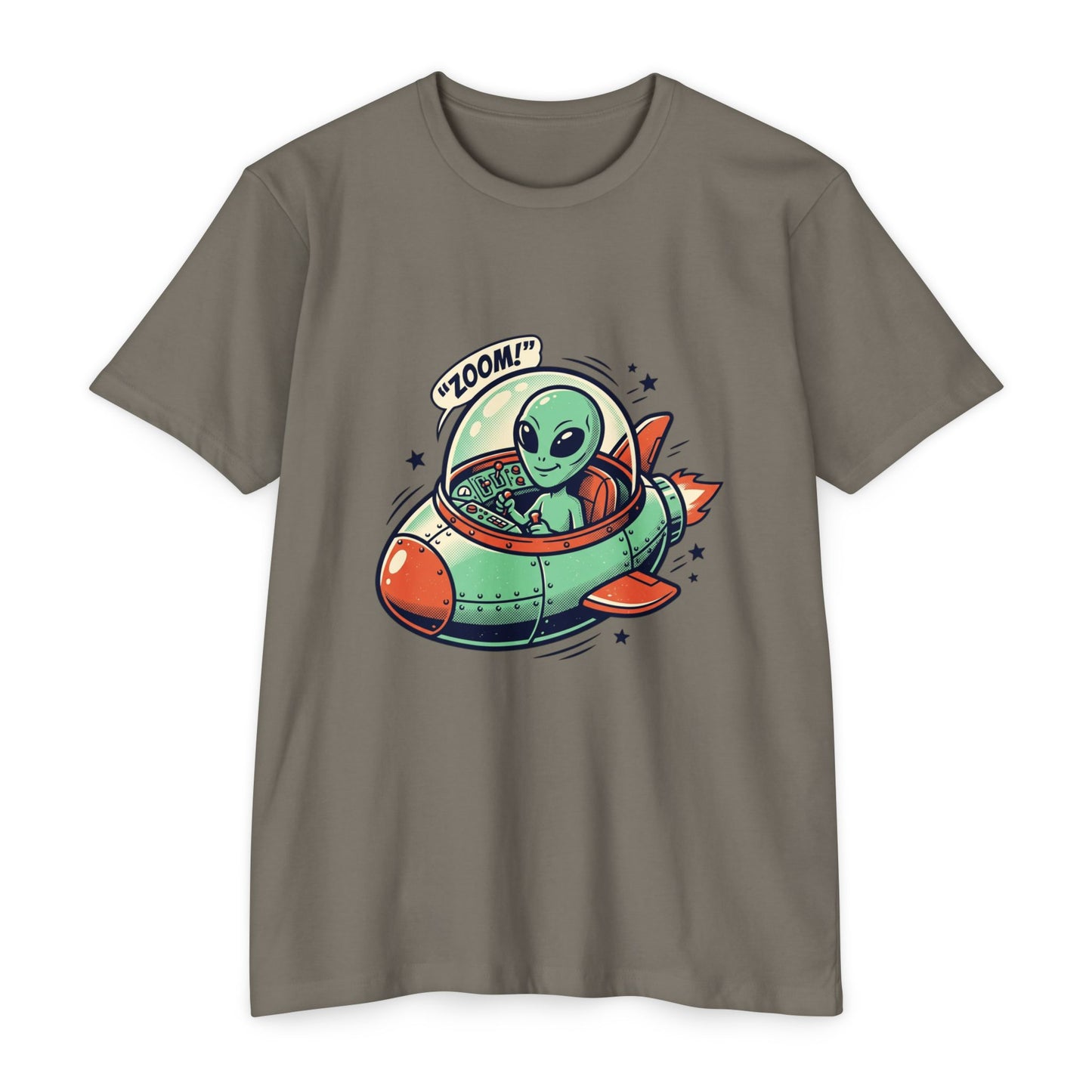 Alien Spaceship T-Shirt — Cute Green Alien Rocket 'Zoom!' Tee
