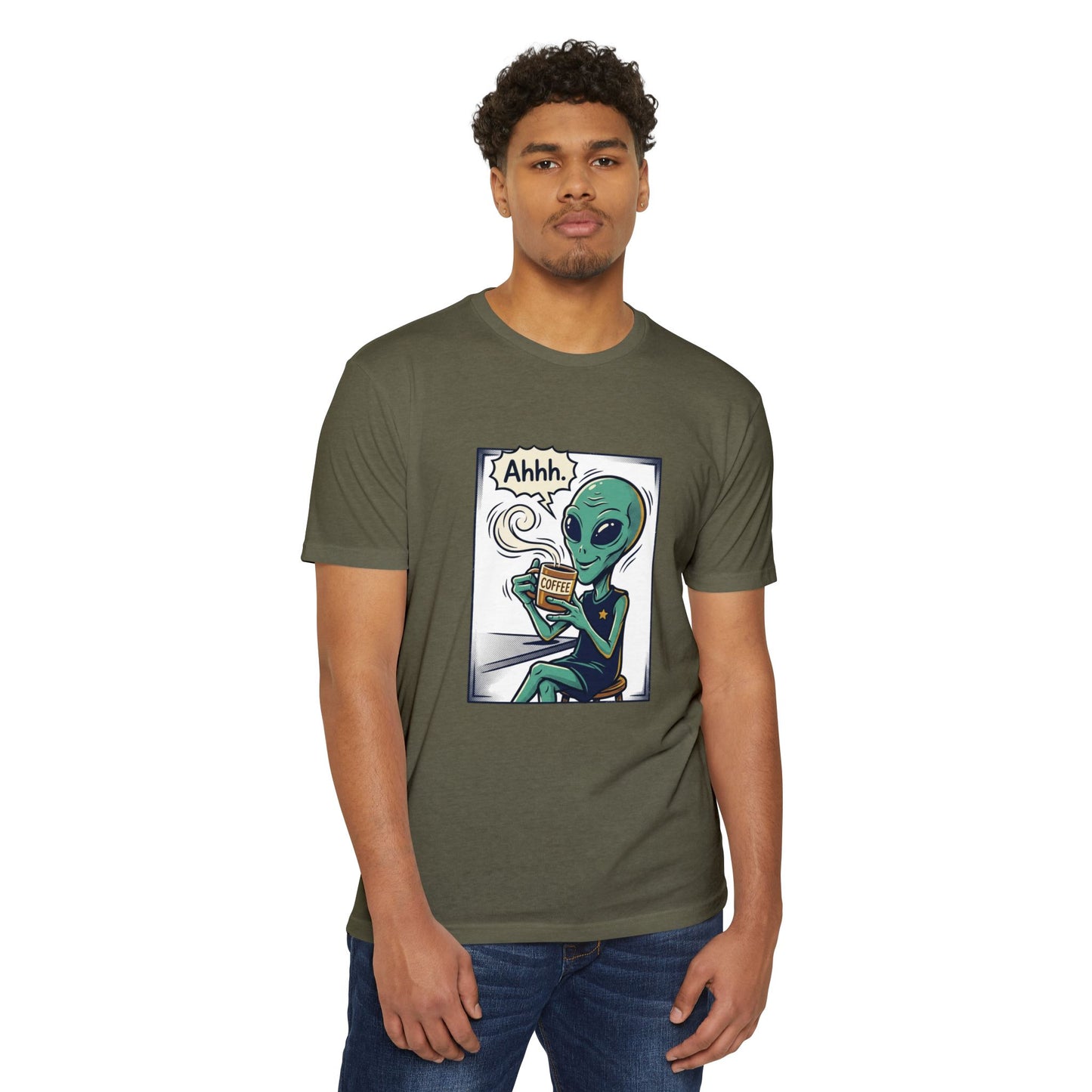 Alien Coffee T-Shirt — "Ahhh" Relaxed Alien Drinking Coffee Graphic Tee