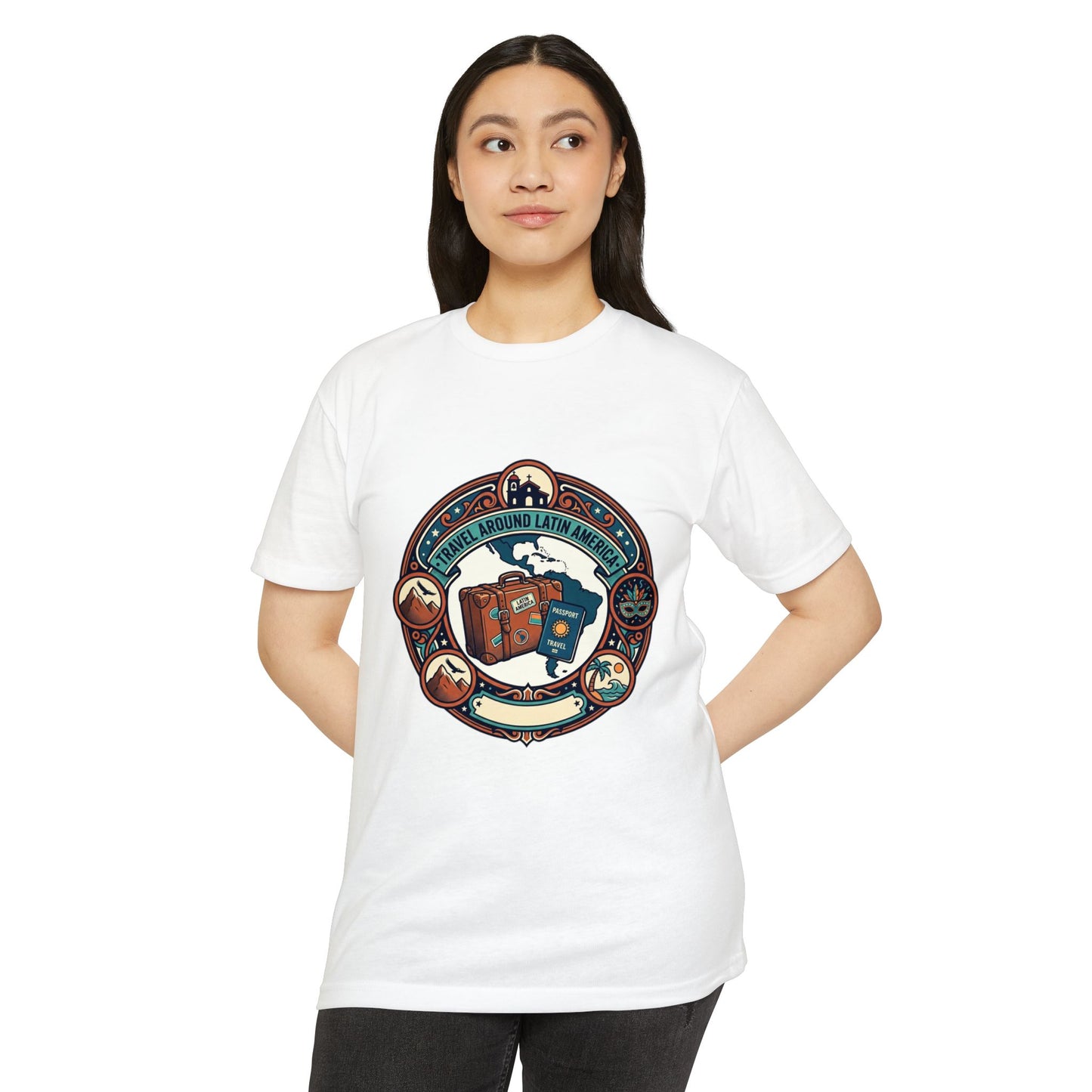 Travel Around Latin America T-Shirt — Vintage Suitcase & Adventure Badge