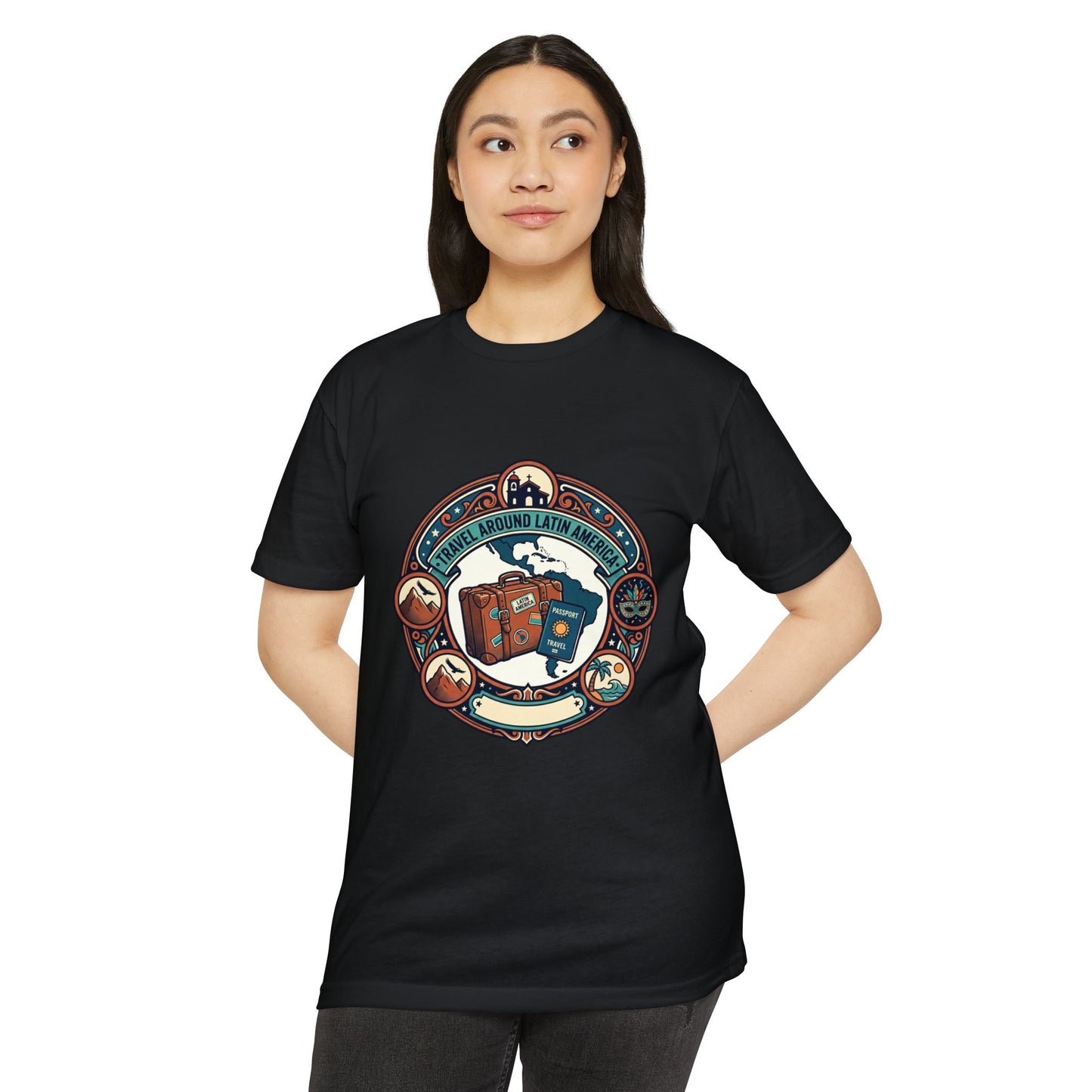 Travel Around Latin America T-Shirt — Vintage Suitcase & Adventure Badge
