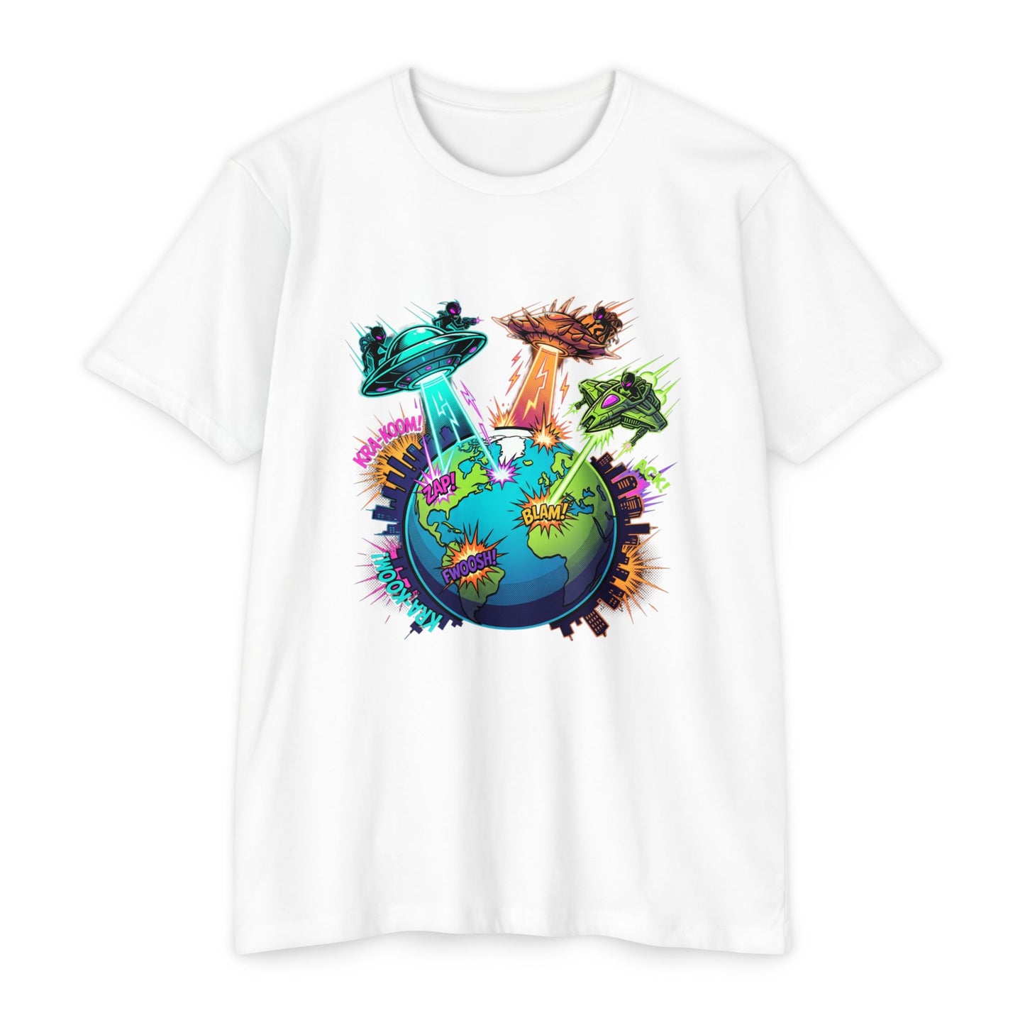 Alien Invasion Earth Graphic T-Shirt — UFOs Abducting Cities Art Tee