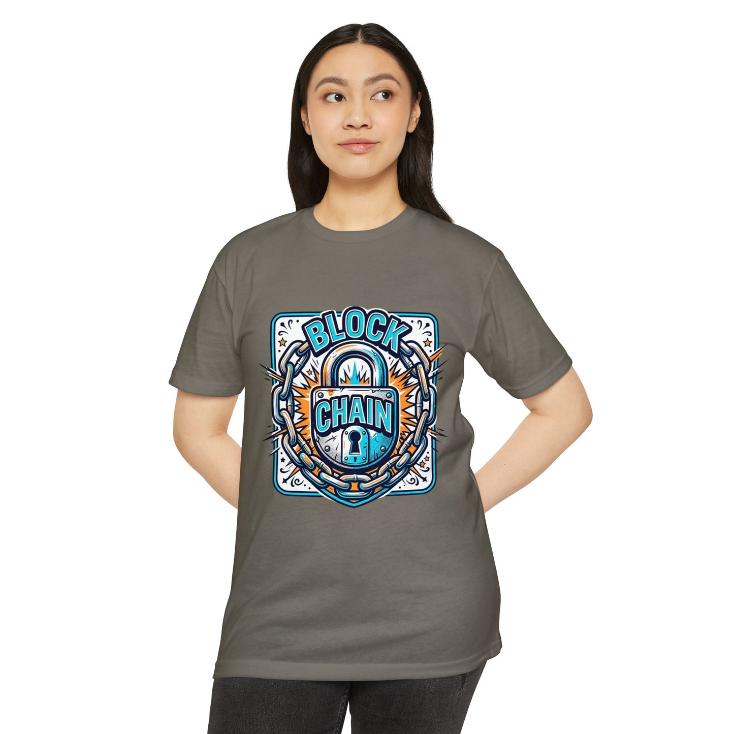 Camiseta Blockchain Shield — Camiseta retro con gráfico de candado y cadena de criptomonedas