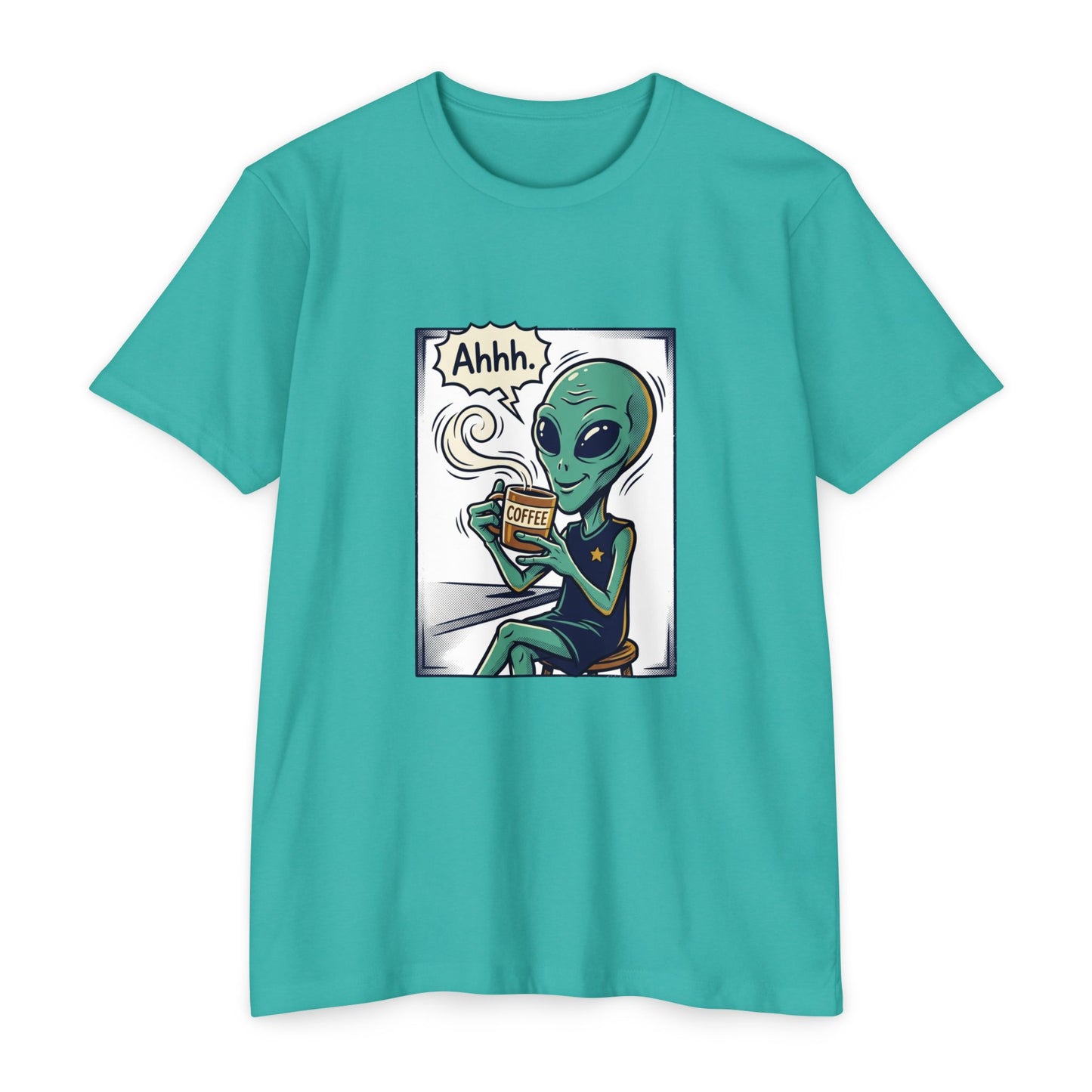 Alien Coffee T-Shirt — "Ahhh" Relaxed Alien Drinking Coffee Graphic Tee