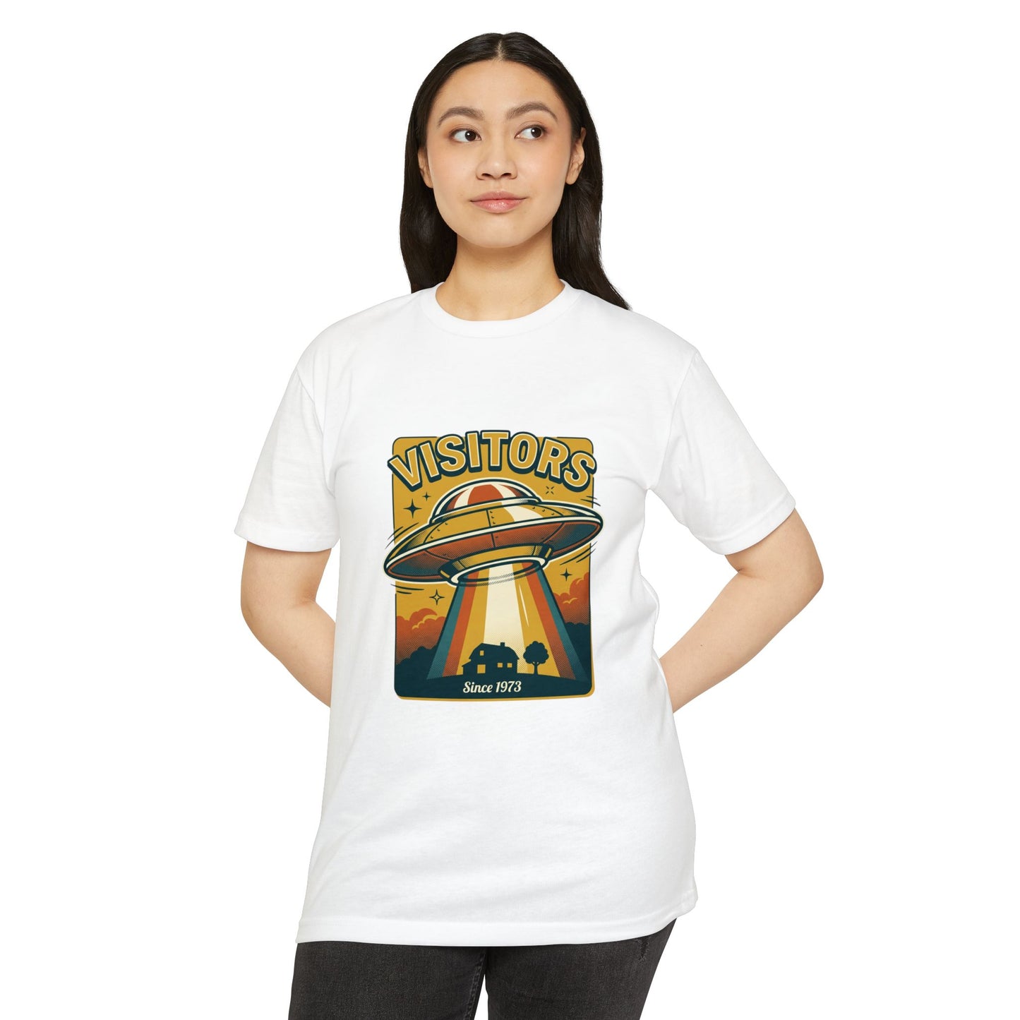 Visitors UFO Graphic T-Shirt — Retro Alien Abduction Design