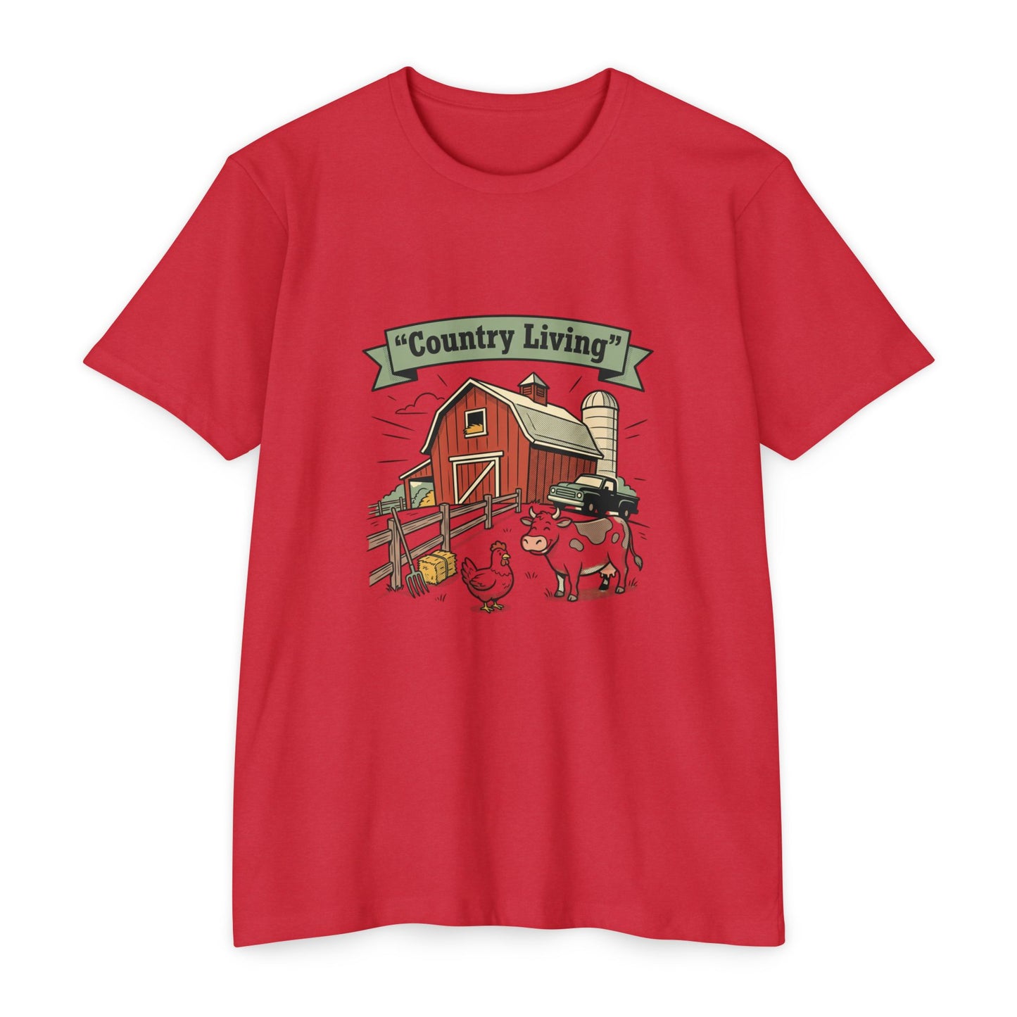 Country Living Farm T-Shirt — Rustic Barn, Cow & Chicken Graphic Tee
