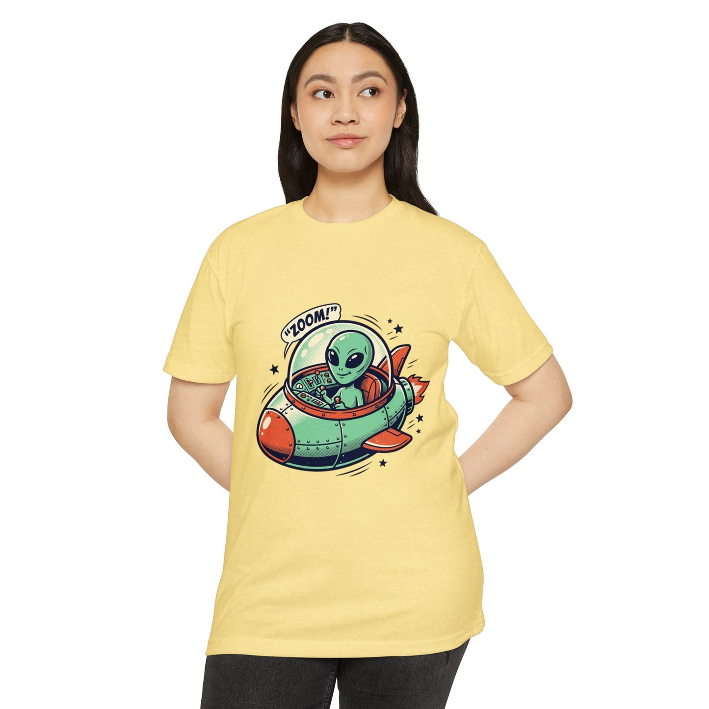 Alien Spaceship T-Shirt — Cute Green Alien Rocket 'Zoom!' Tee