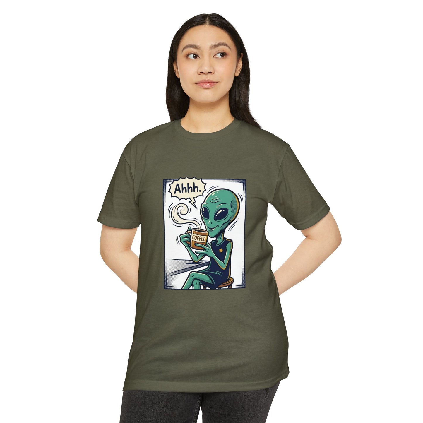 Alien Coffee T-Shirt — "Ahhh" Relaxed Alien Drinking Coffee Graphic Tee
