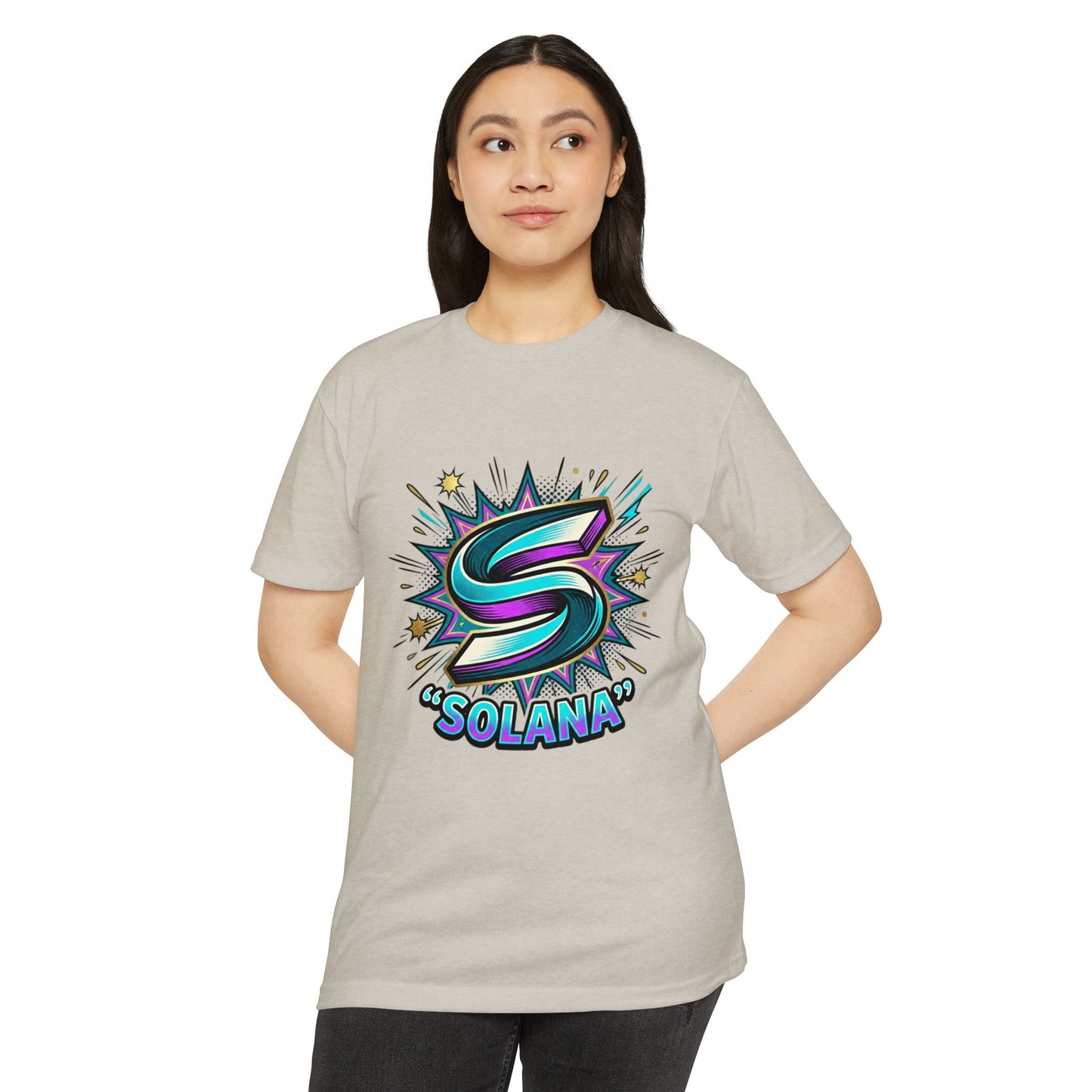 Camiseta com o logotipo Solana Comic — Camiseta Cripto Retrô Gamer