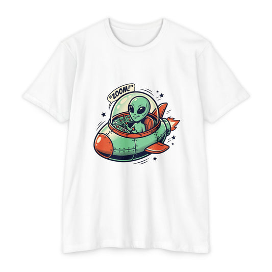 Alien Spaceship T-Shirt — Cute Green Alien Rocket 'Zoom!' Tee
