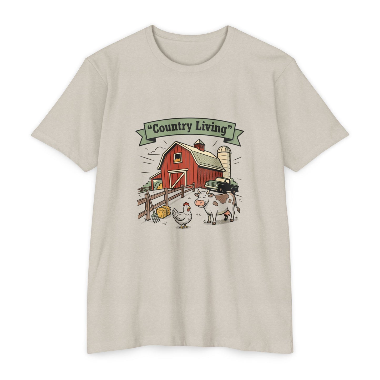 Country Living Farm T-Shirt — Rustic Barn, Cow & Chicken Graphic Tee