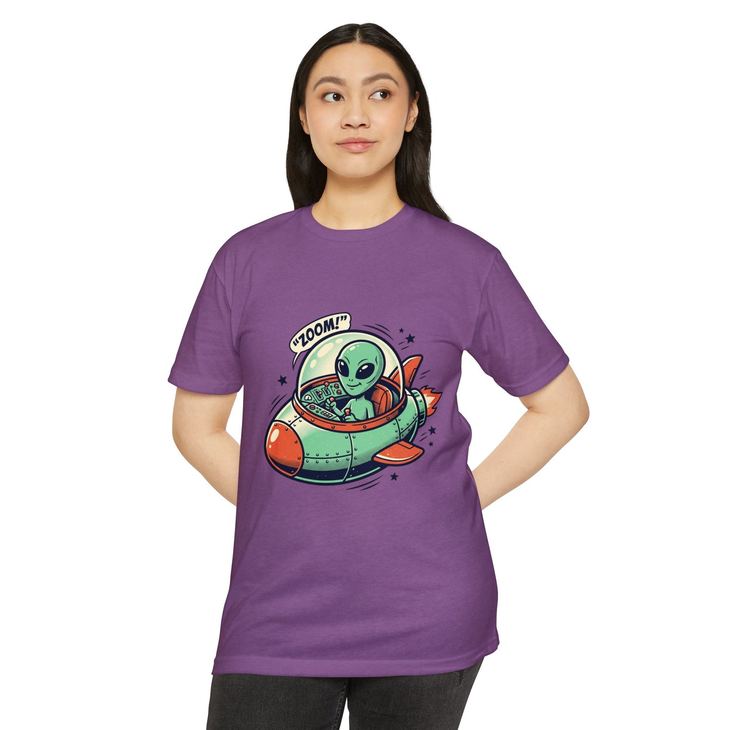 Alien Spaceship T-Shirt — Cute Green Alien Rocket 'Zoom!' Tee