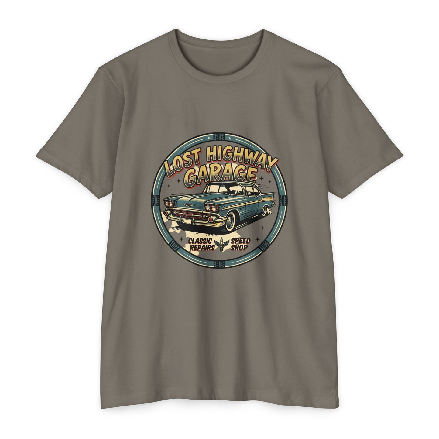 Lost Highway Garage Vintage Car T-Shirt — Classic Auto Emblem Tee