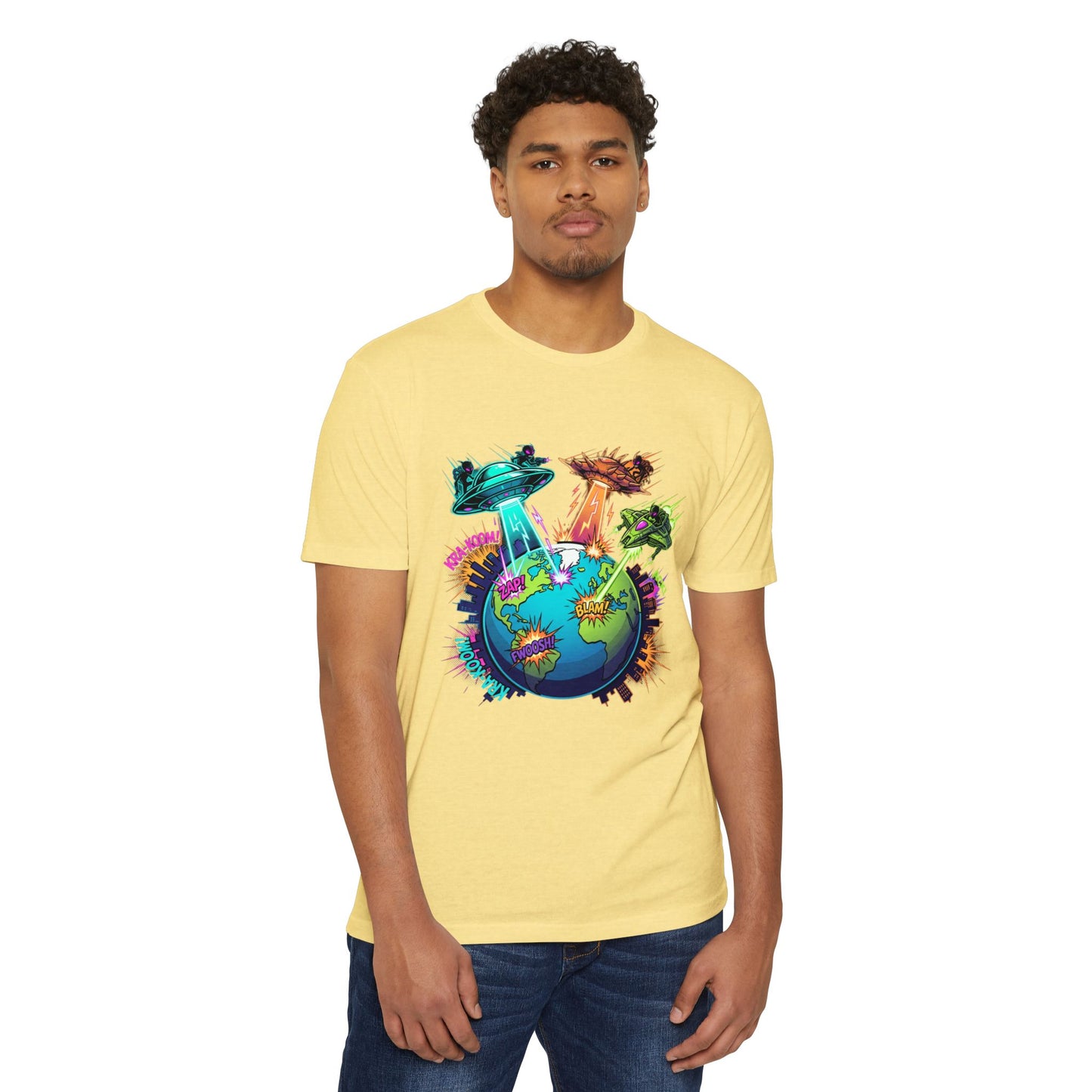 Alien Invasion Earth Graphic T-Shirt — UFOs Abducting Cities Art Tee