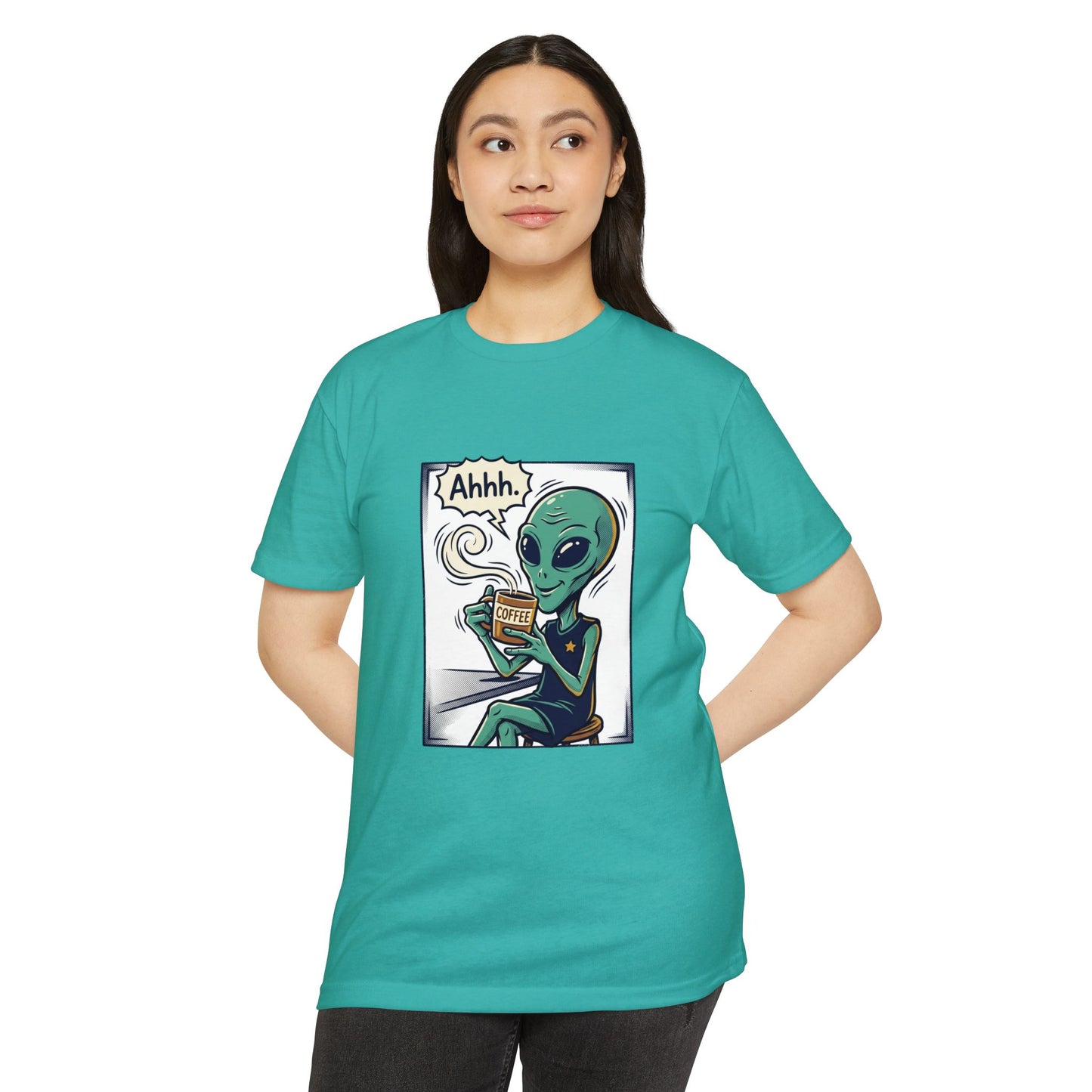 Alien Coffee T-Shirt — "Ahhh" Relaxed Alien Drinking Coffee Graphic Tee