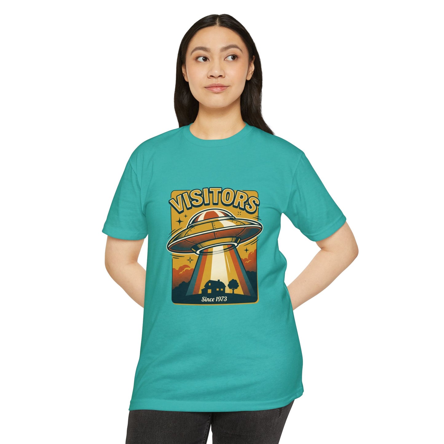 Visitors UFO Graphic T-Shirt — Retro Alien Abduction Design