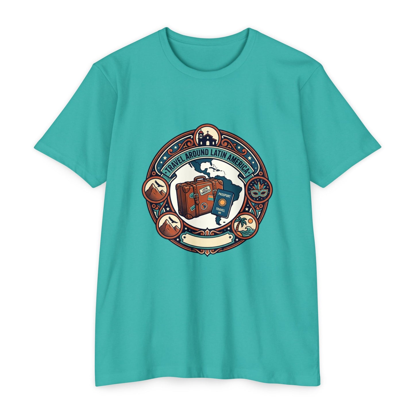 Travel Around Latin America T-Shirt — Vintage Suitcase & Adventure Badge