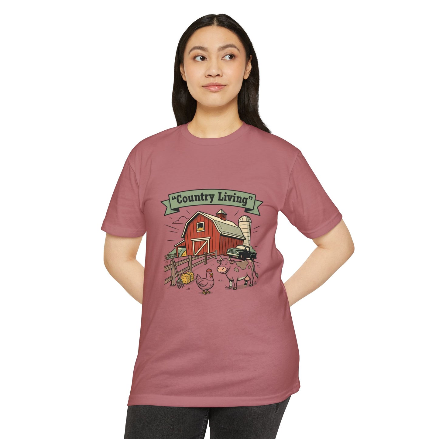 Country Living Farm T-Shirt — Rustic Barn, Cow & Chicken Graphic Tee