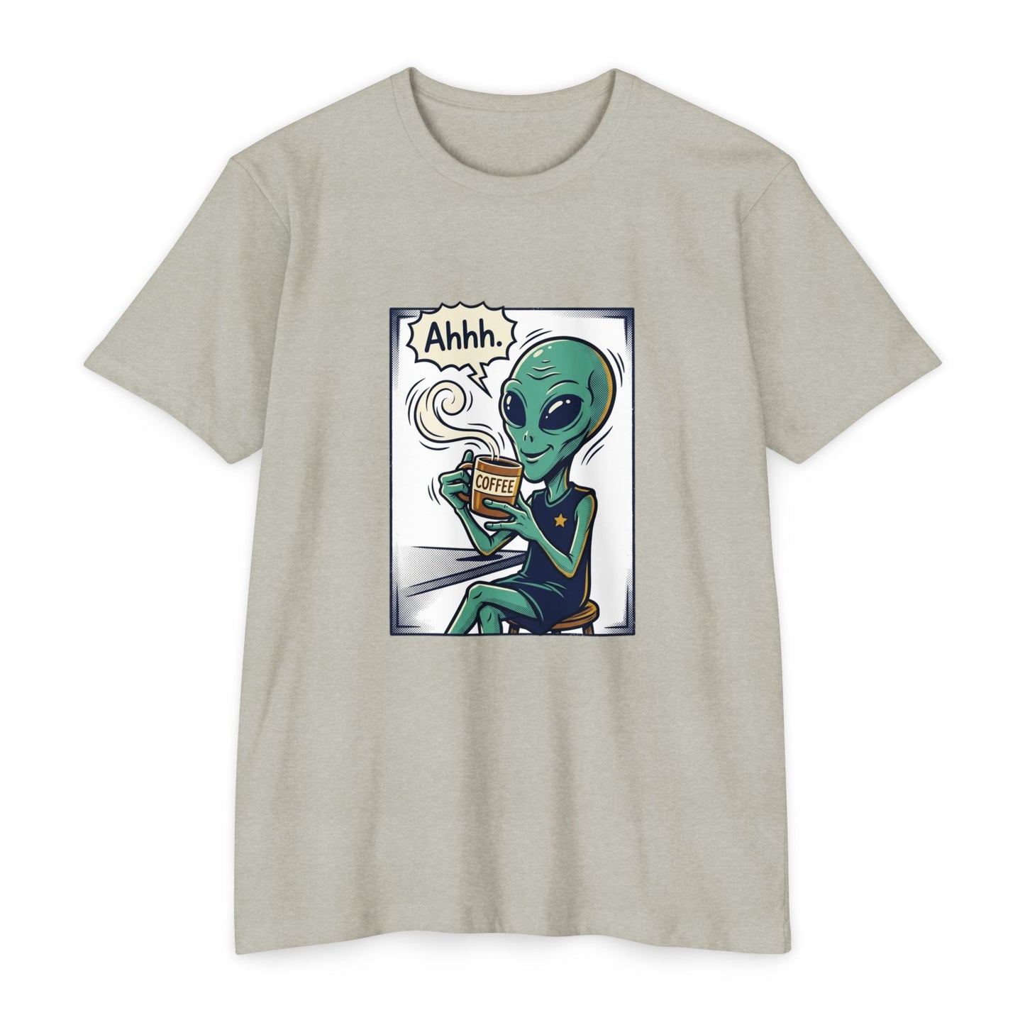 Alien Coffee T-Shirt — "Ahhh" Relaxed Alien Drinking Coffee Graphic Tee