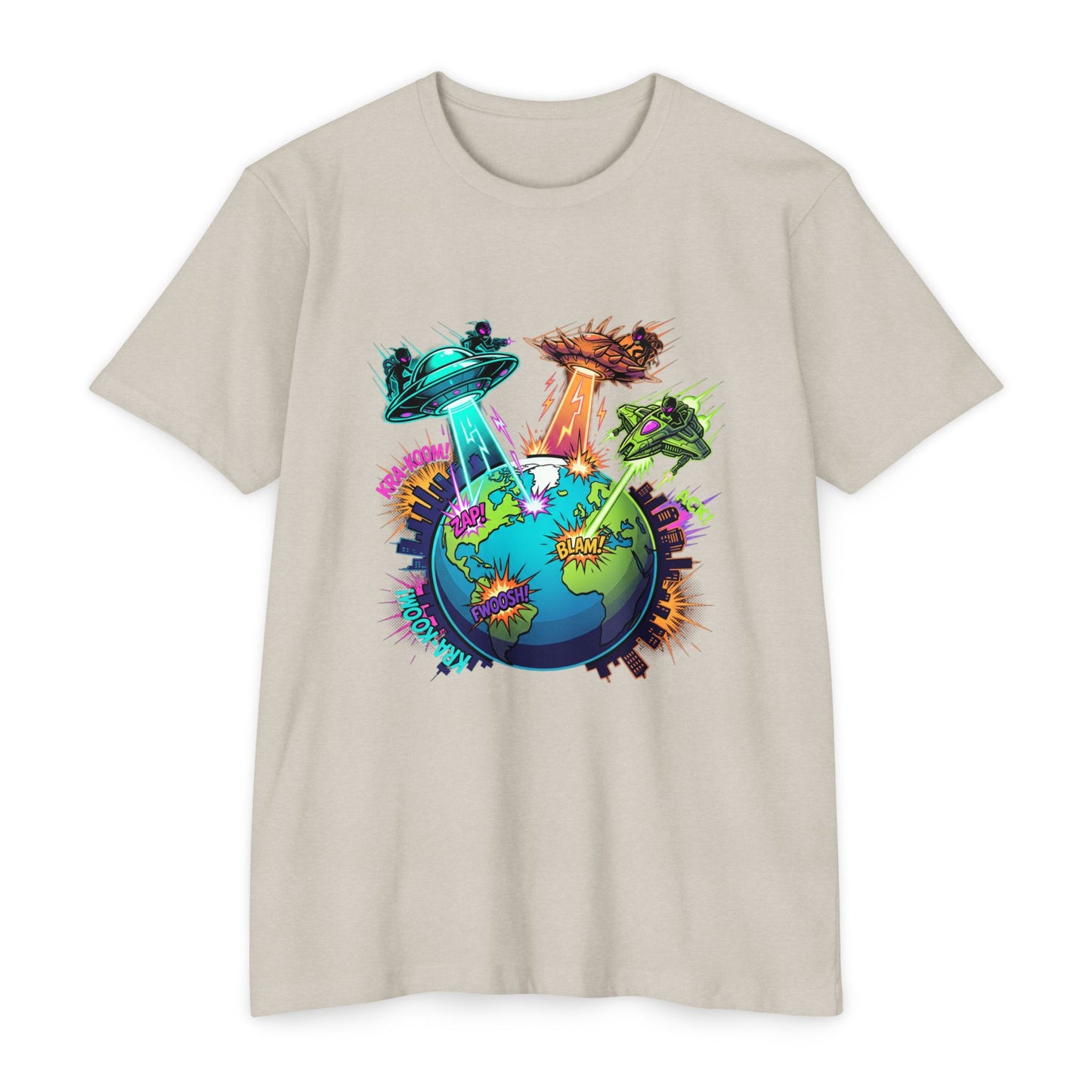 Alien Invasion Earth Graphic T-Shirt — UFOs Abducting Cities Art Tee