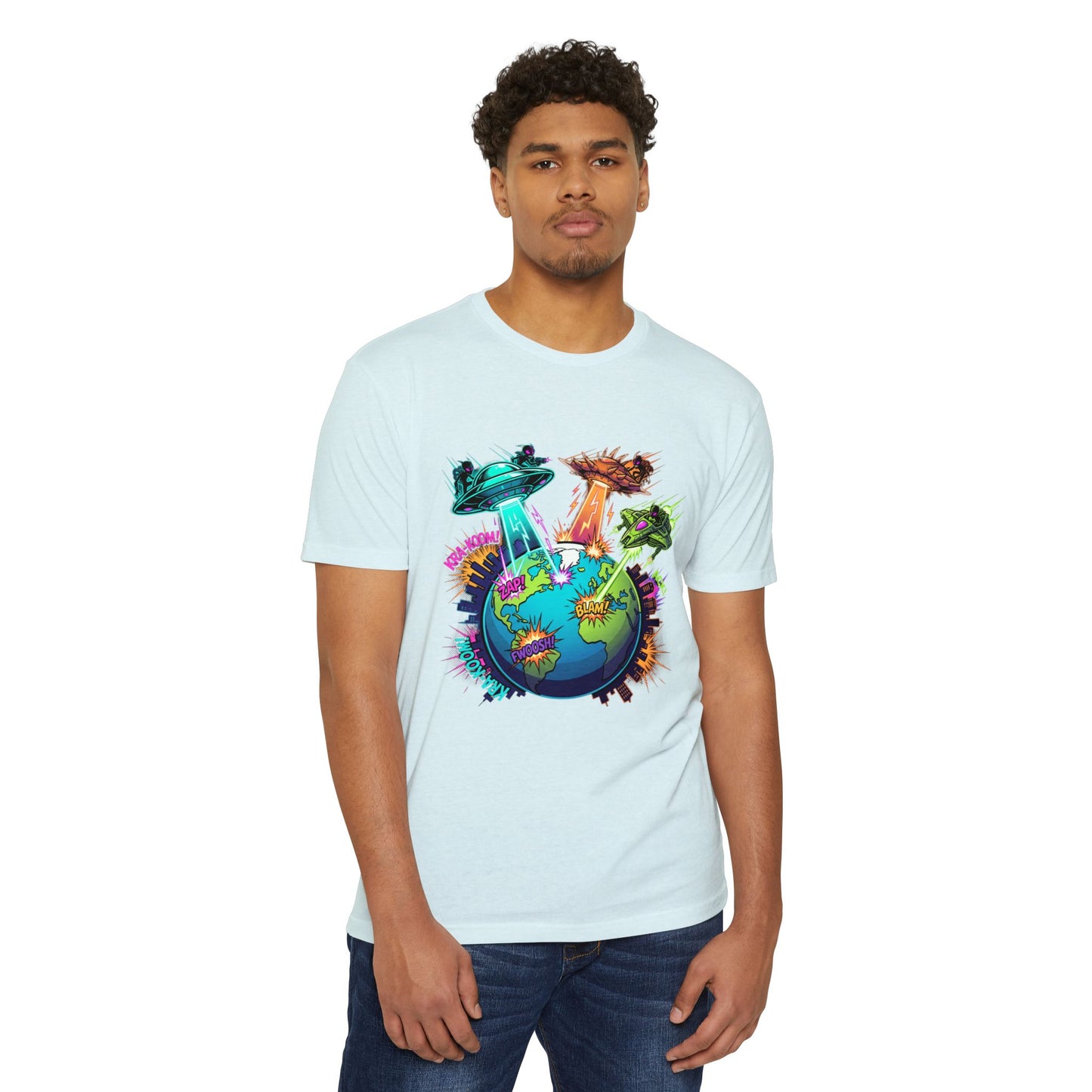 Alien Invasion Earth Graphic T-Shirt — UFOs Abducting Cities Art Tee