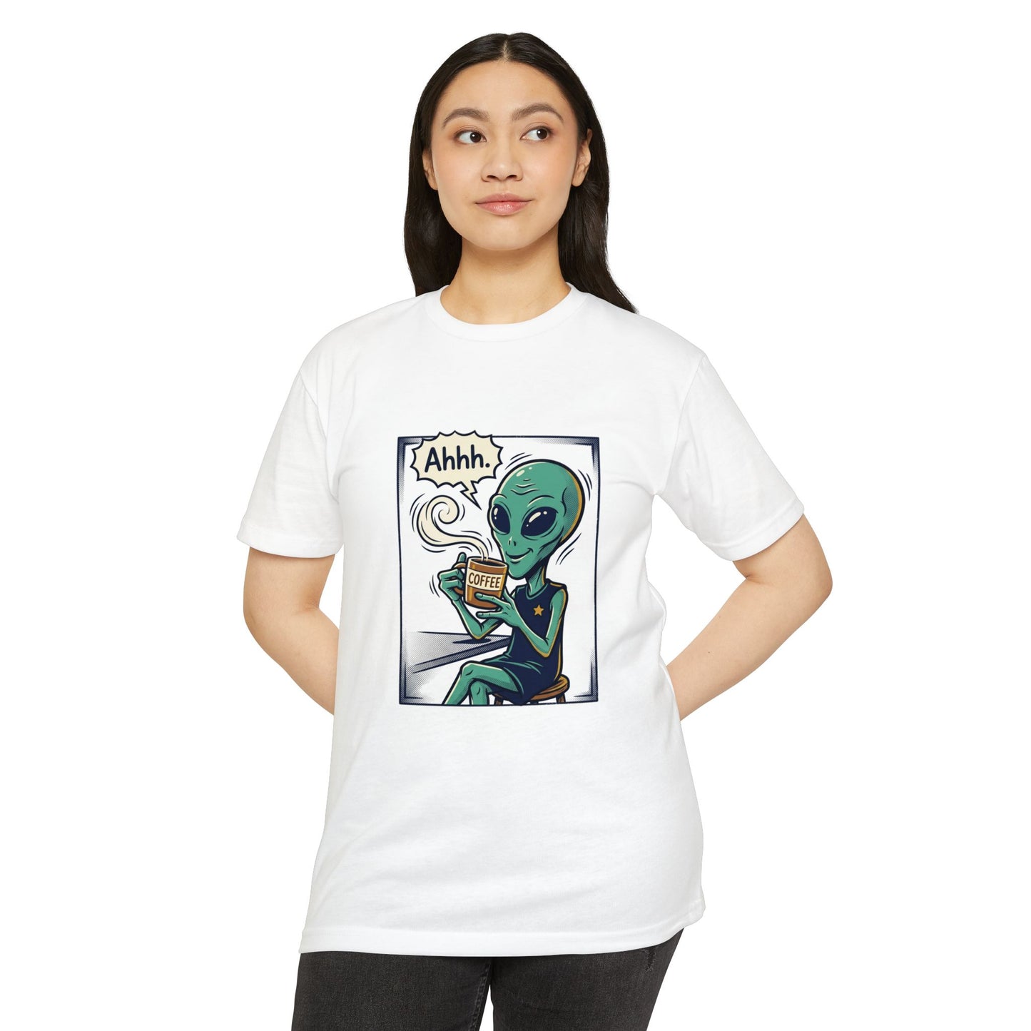 Alien Coffee T-Shirt — "Ahhh" Relaxed Alien Drinking Coffee Graphic Tee