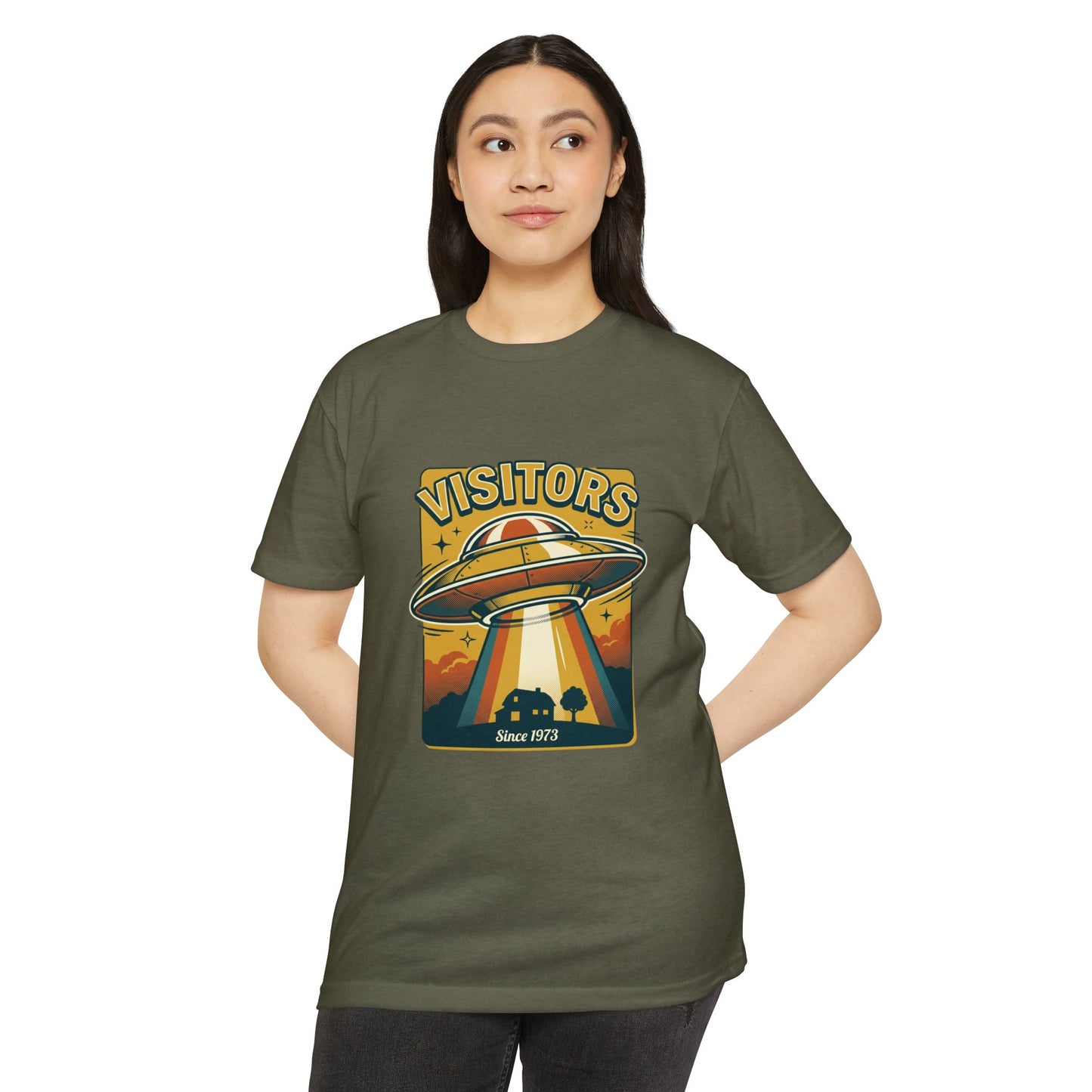 Visitors UFO Graphic T-Shirt — Retro Alien Abduction Design