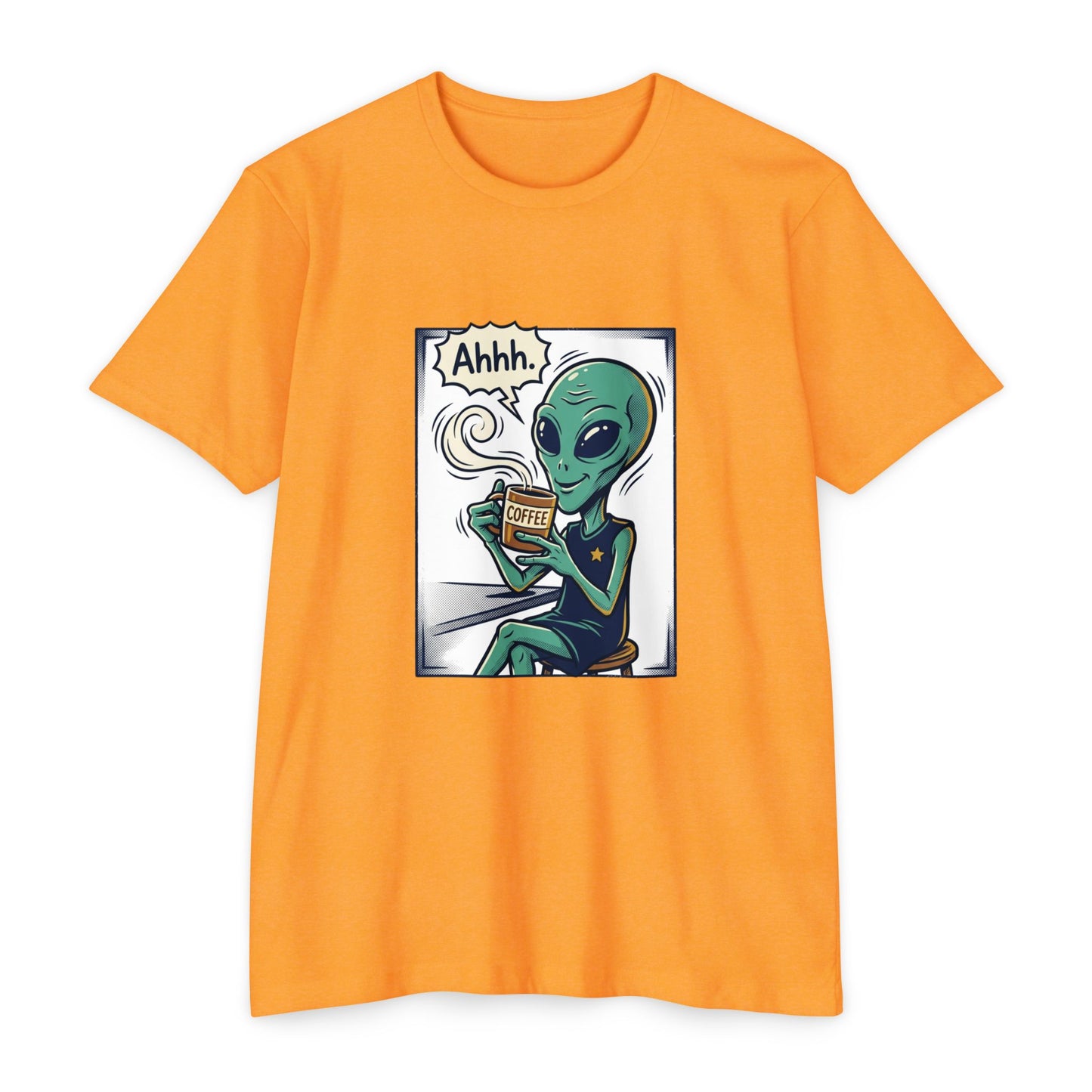 Alien Coffee T-Shirt — "Ahhh" Relaxed Alien Drinking Coffee Graphic Tee