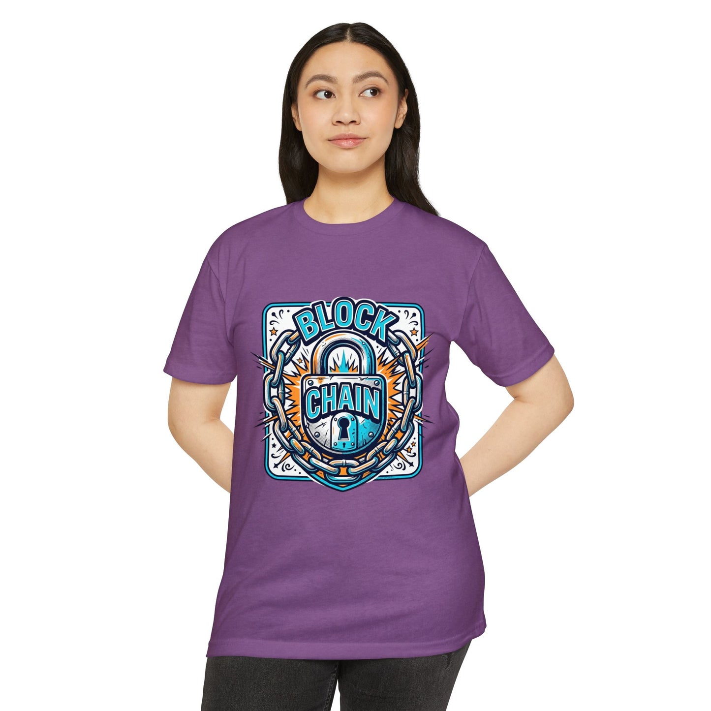 Camiseta Blockchain Shield — Camiseta retro con gráfico de candado y cadena de criptomonedas