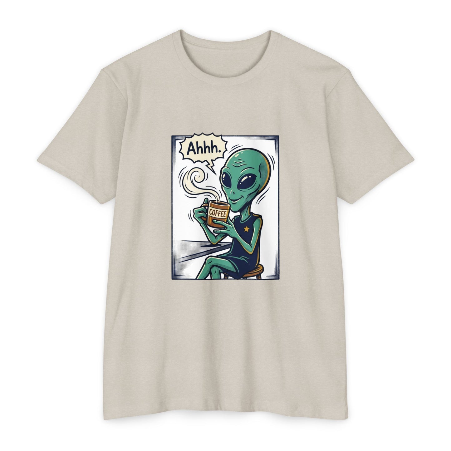 Alien Coffee T-Shirt — "Ahhh" Relaxed Alien Drinking Coffee Graphic Tee