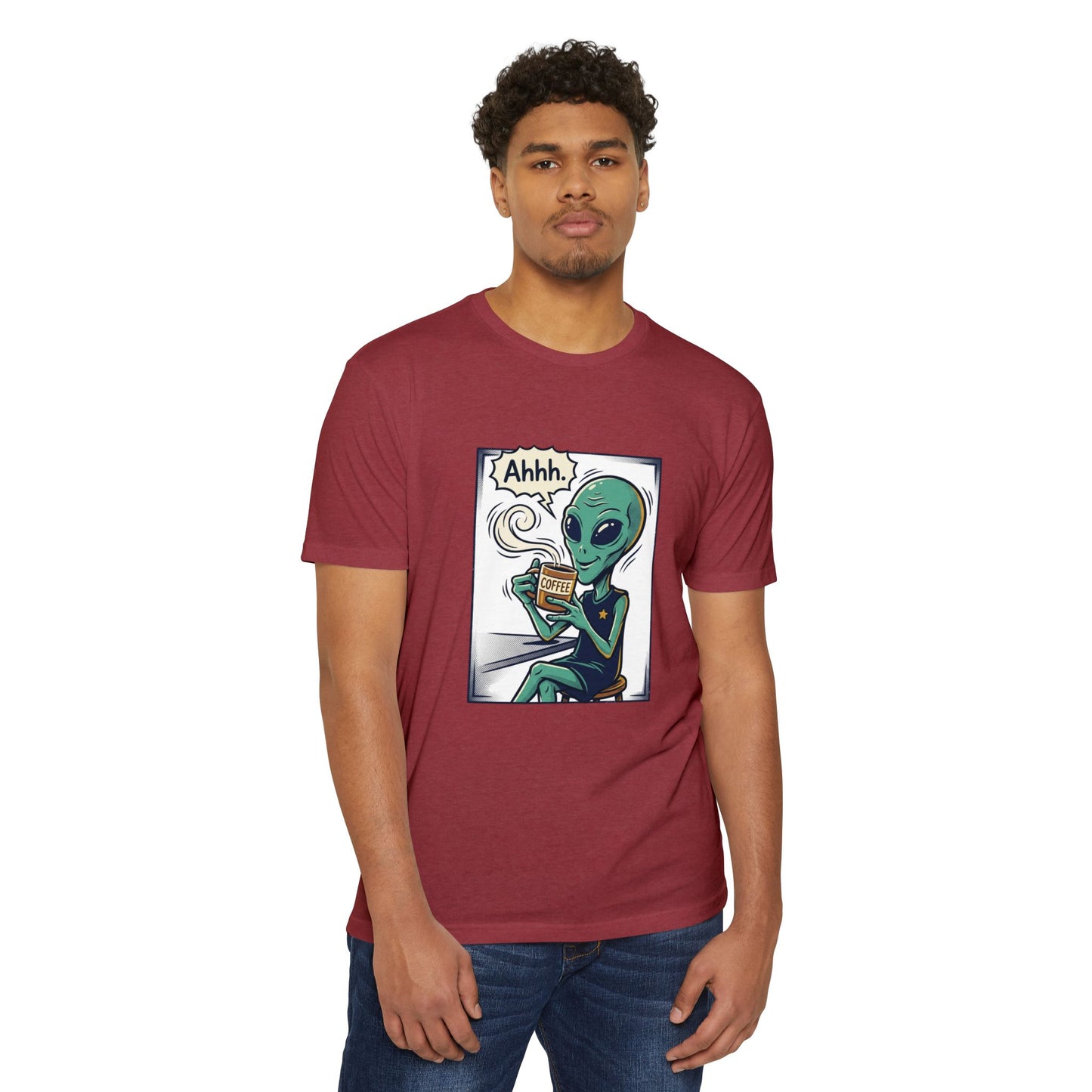 Alien Coffee T-Shirt — "Ahhh" Relaxed Alien Drinking Coffee Graphic Tee