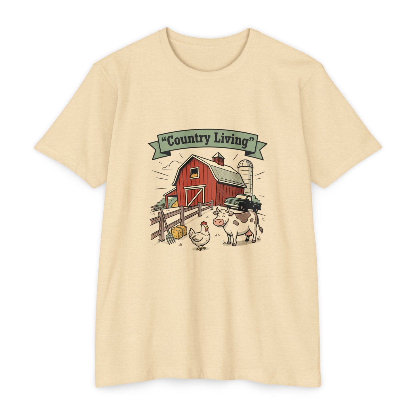 Country Living Farm T-Shirt — Rustic Barn, Cow & Chicken Graphic Tee