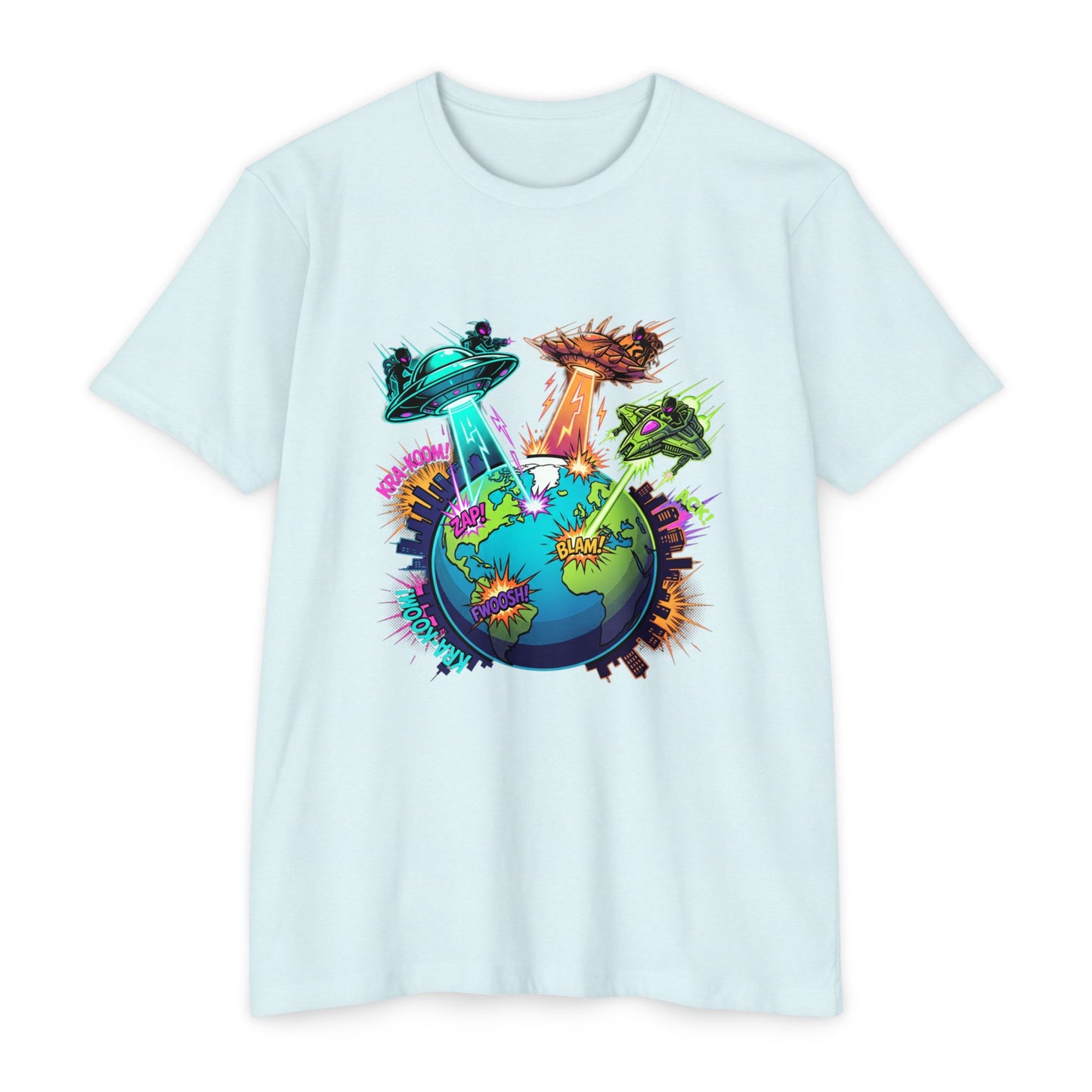 Alien Invasion Earth Graphic T-Shirt — UFOs Abducting Cities Art Tee