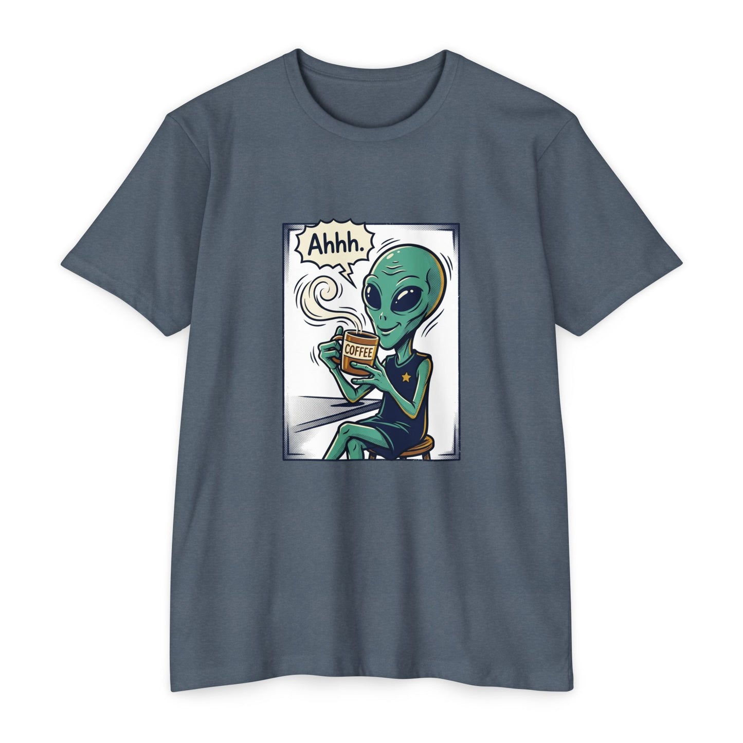 Alien Coffee T-Shirt — "Ahhh" Relaxed Alien Drinking Coffee Graphic Tee