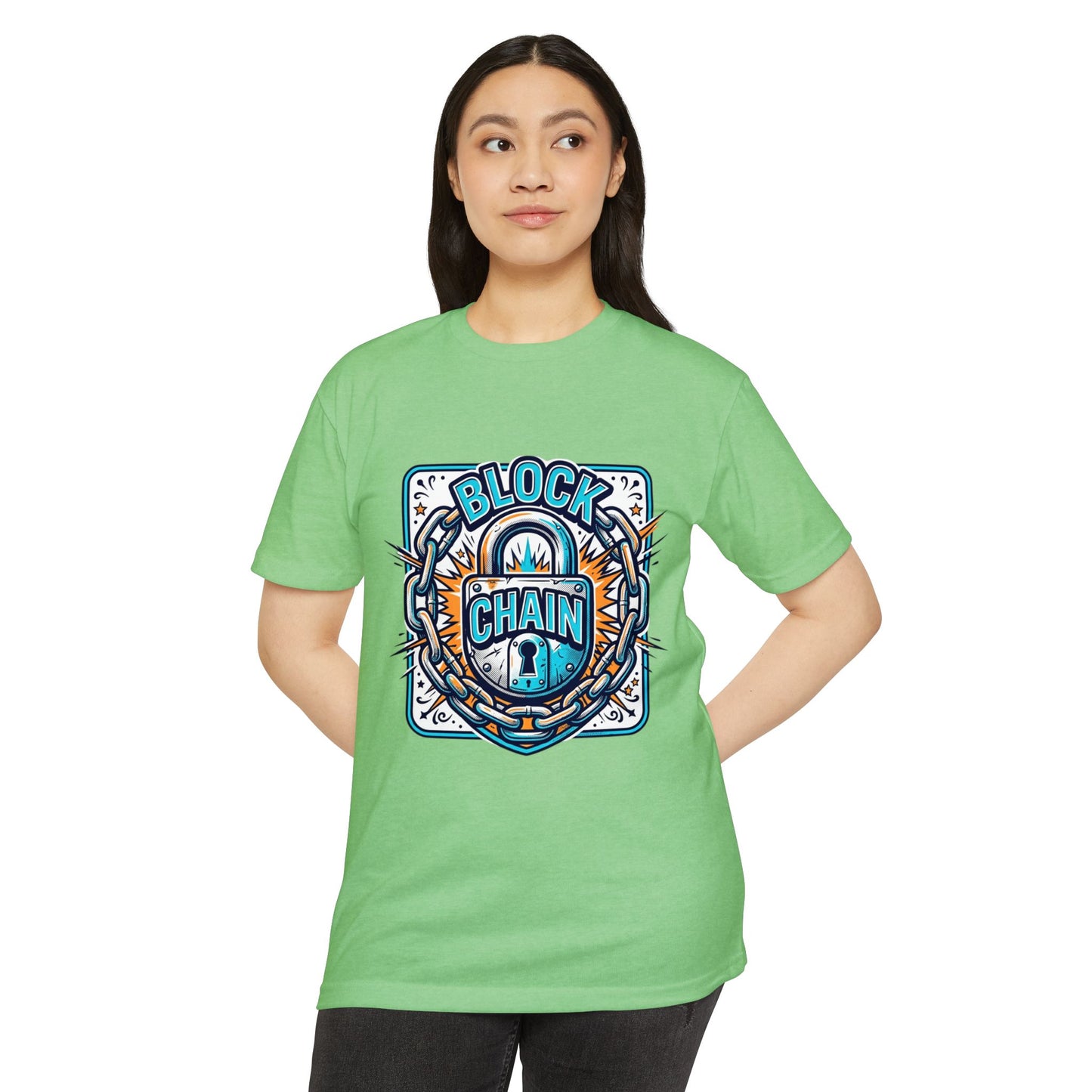 Camiseta Blockchain Shield — Camiseta retro con gráfico de candado y cadena de criptomonedas