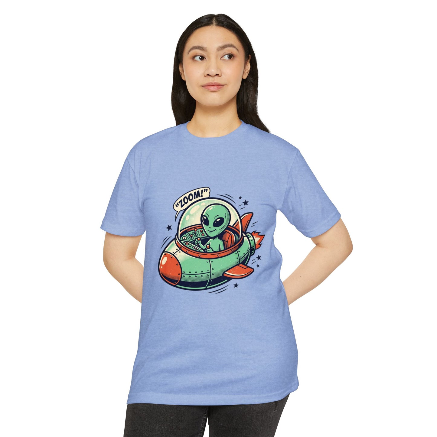 Alien Spaceship T-Shirt — Cute Green Alien Rocket 'Zoom!' Tee