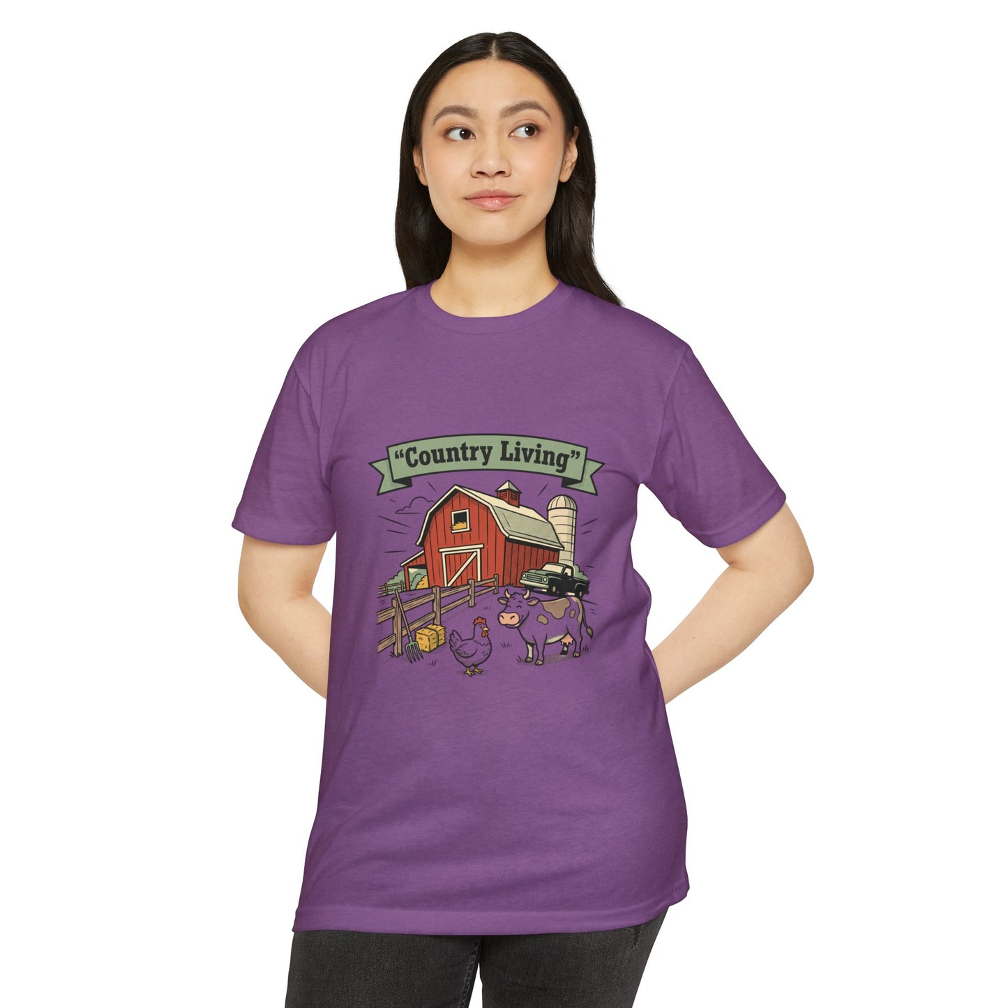 Country Living Farm T-Shirt — Rustic Barn, Cow & Chicken Graphic Tee