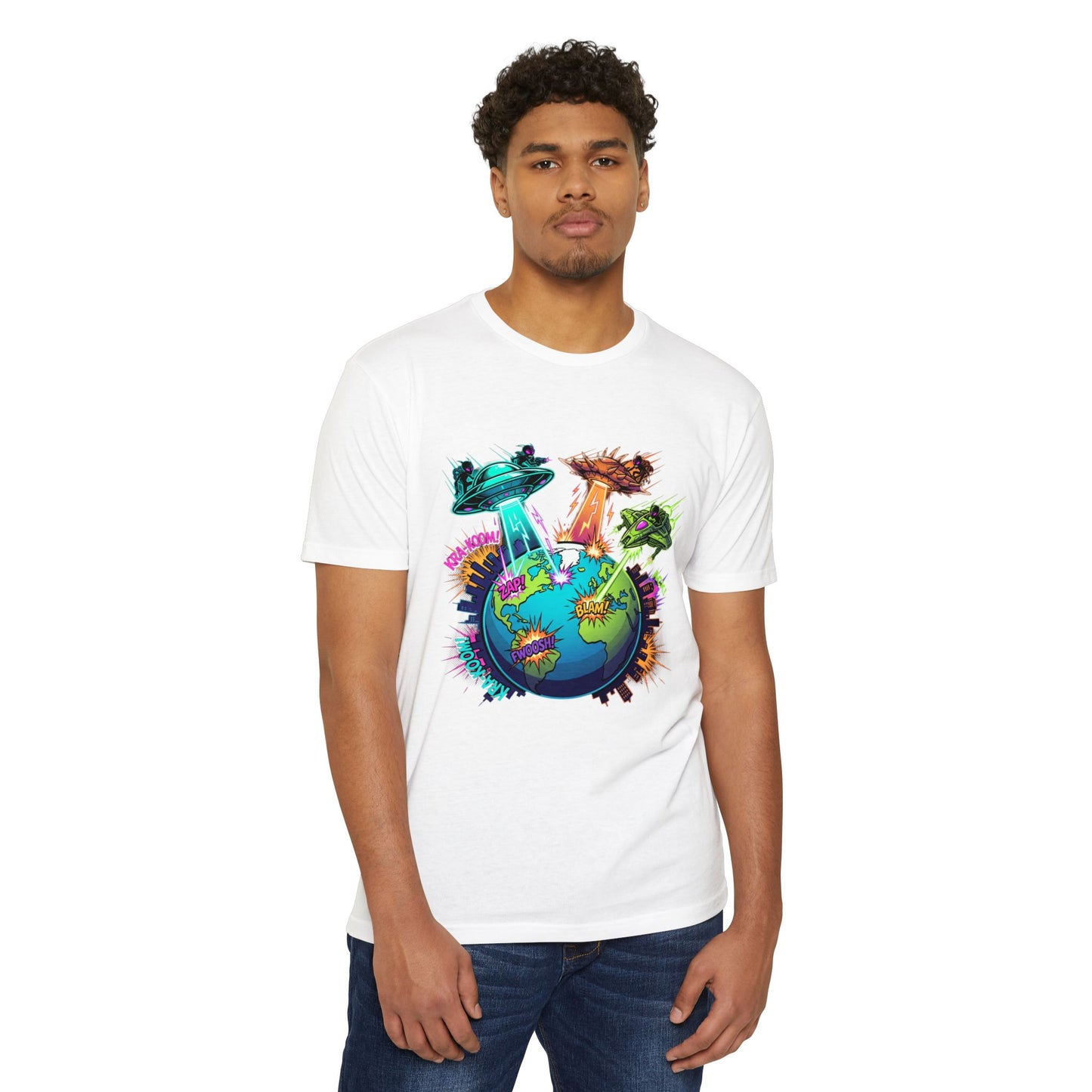 Alien Invasion Earth Graphic T-Shirt — UFOs Abducting Cities Art Tee