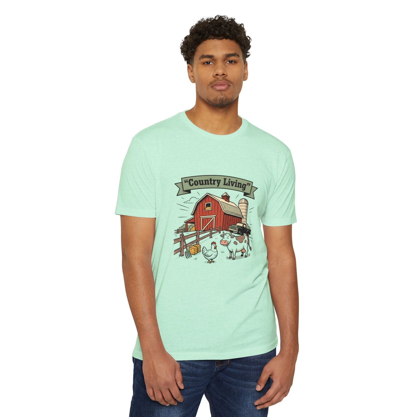 Country Living Farm T-Shirt — Rustic Barn, Cow & Chicken Graphic Tee