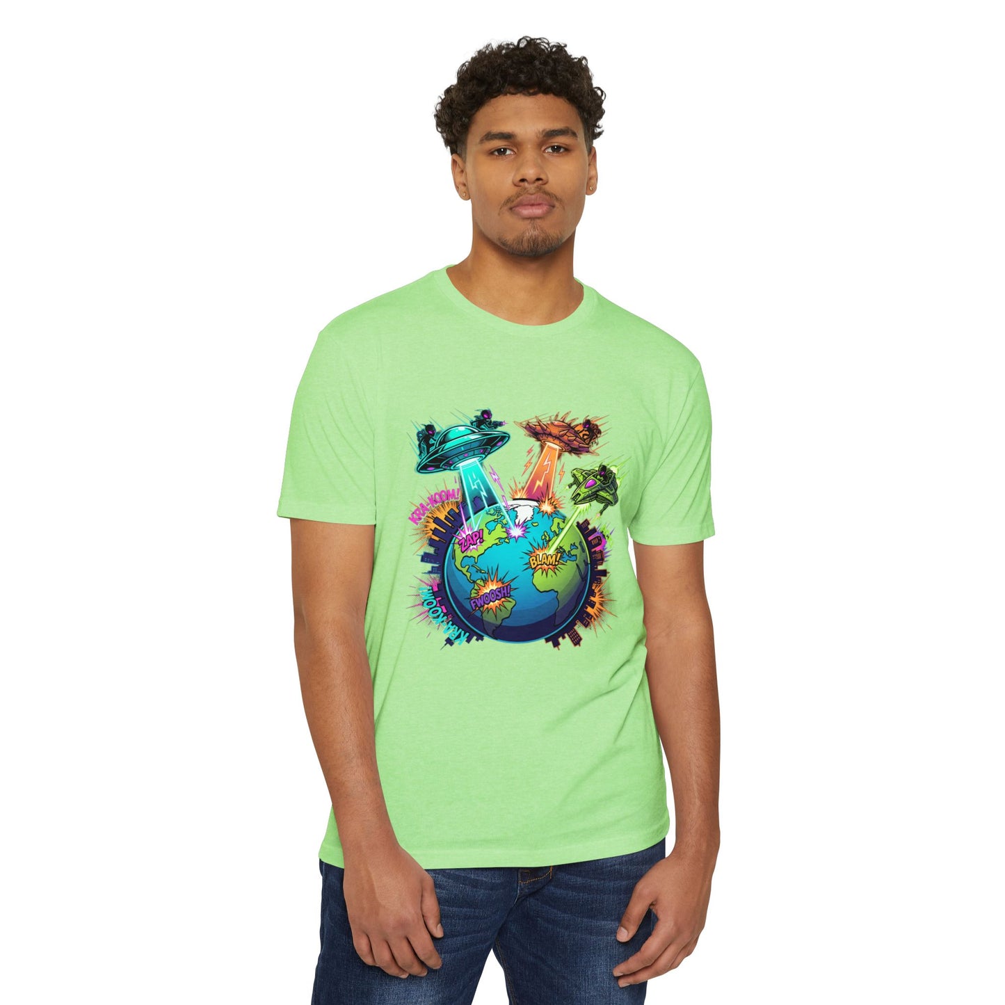 Alien Invasion Earth Graphic T-Shirt — UFOs Abducting Cities Art Tee