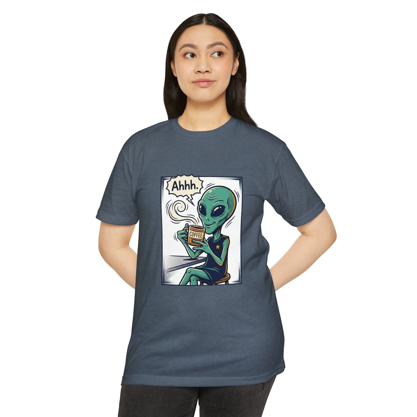Alien Coffee T-Shirt — "Ahhh" Relaxed Alien Drinking Coffee Graphic Tee