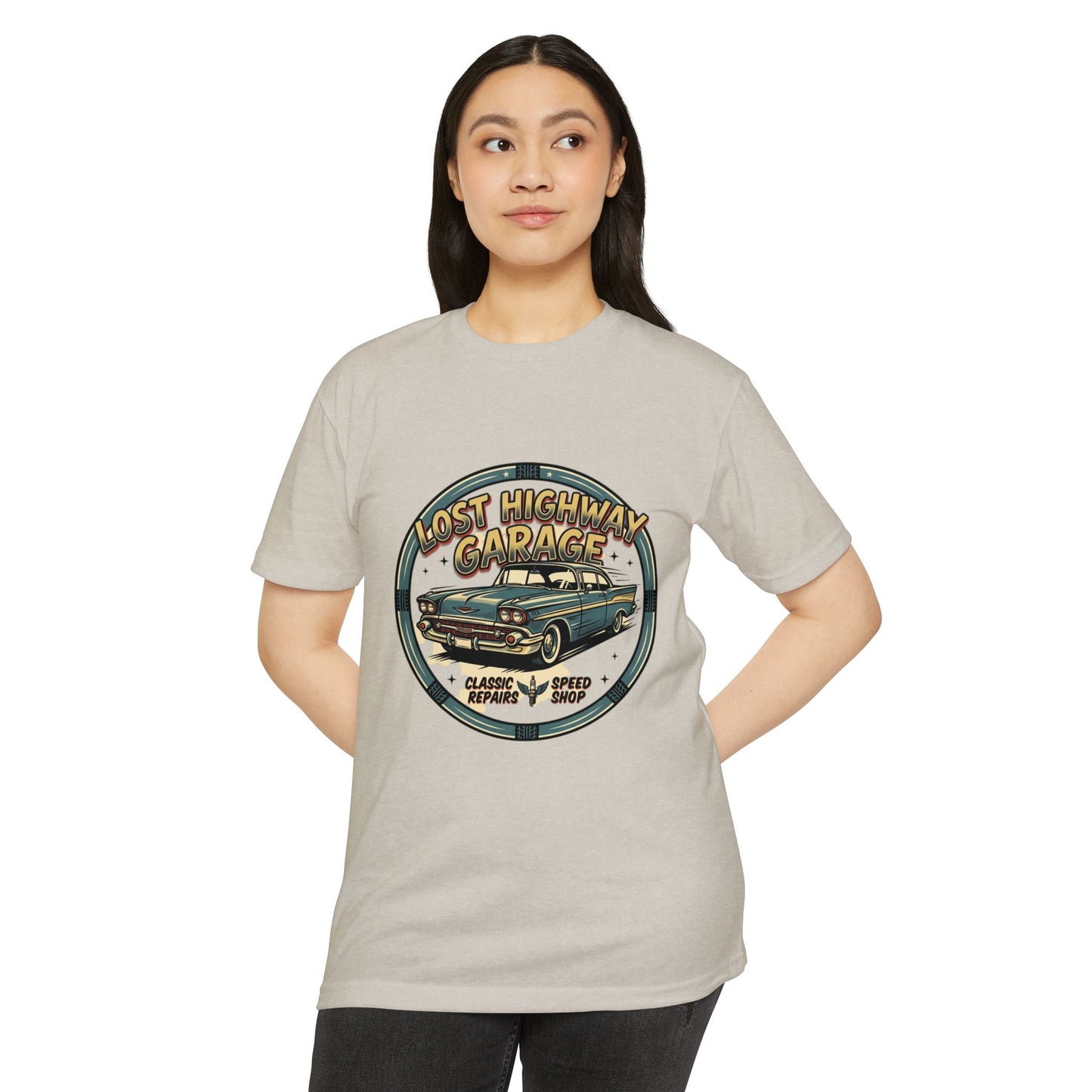 Lost Highway Garage Vintage Car T-Shirt — Classic Auto Emblem Tee