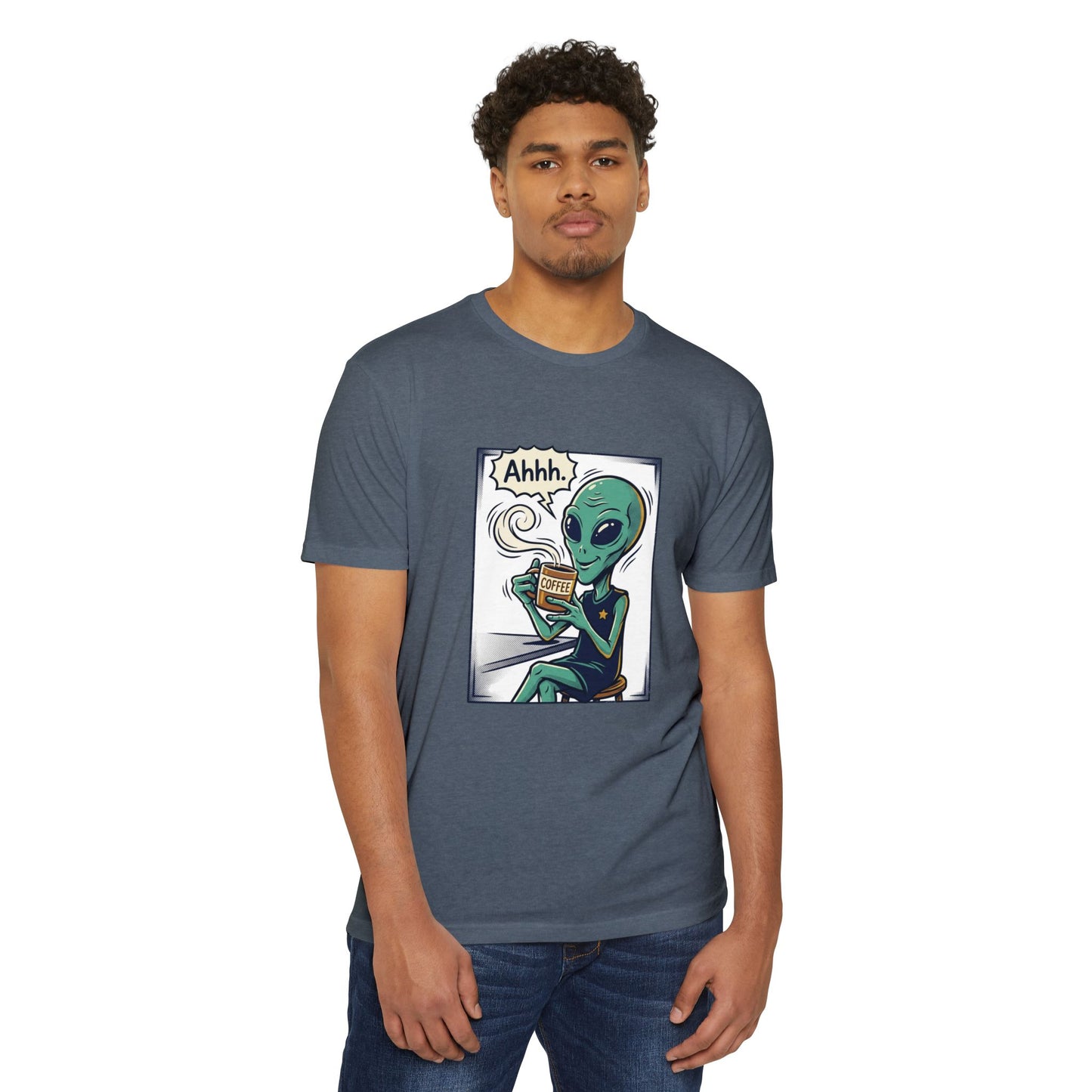 Alien Coffee T-Shirt — "Ahhh" Relaxed Alien Drinking Coffee Graphic Tee