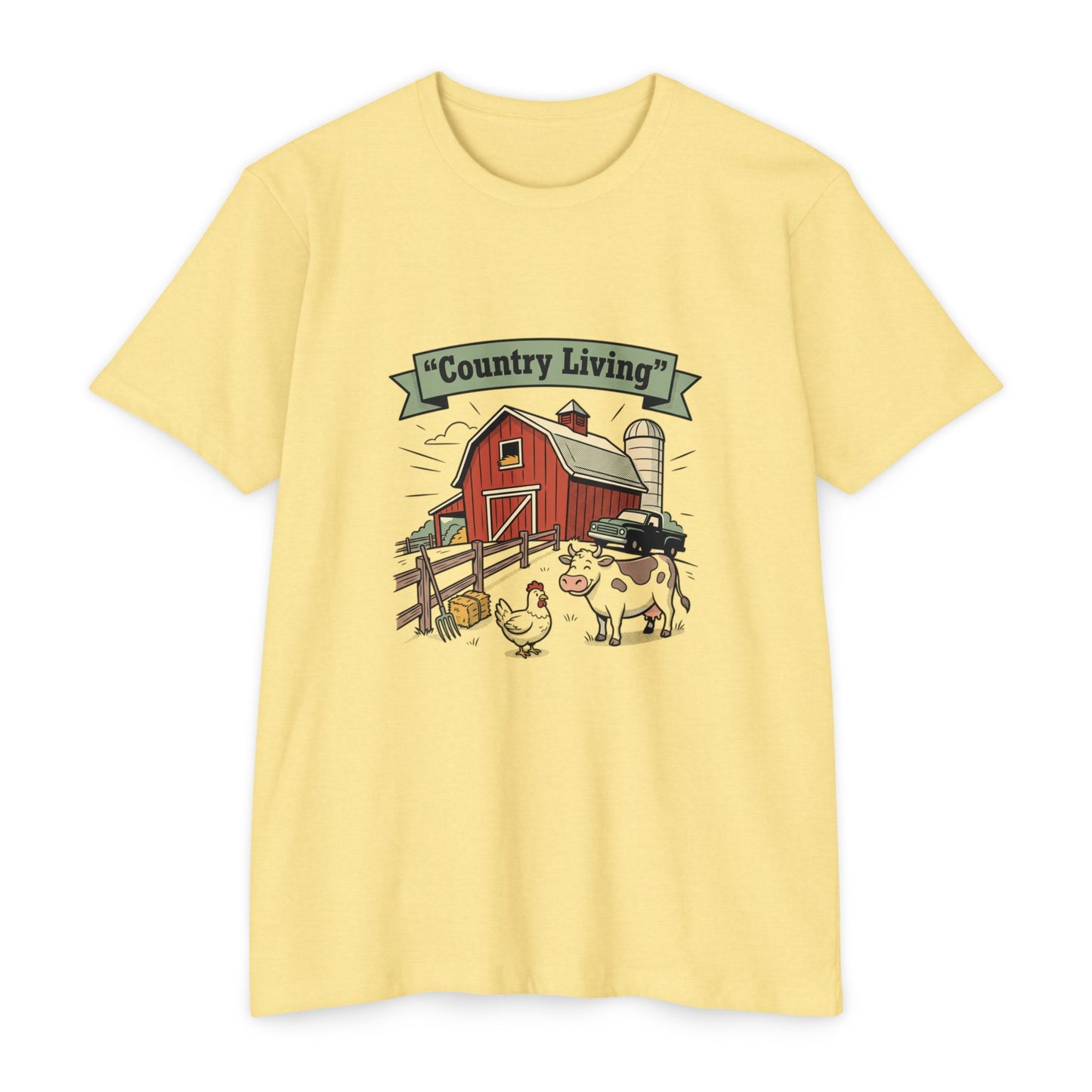 Country Living Farm T-Shirt — Rustic Barn, Cow & Chicken Graphic Tee
