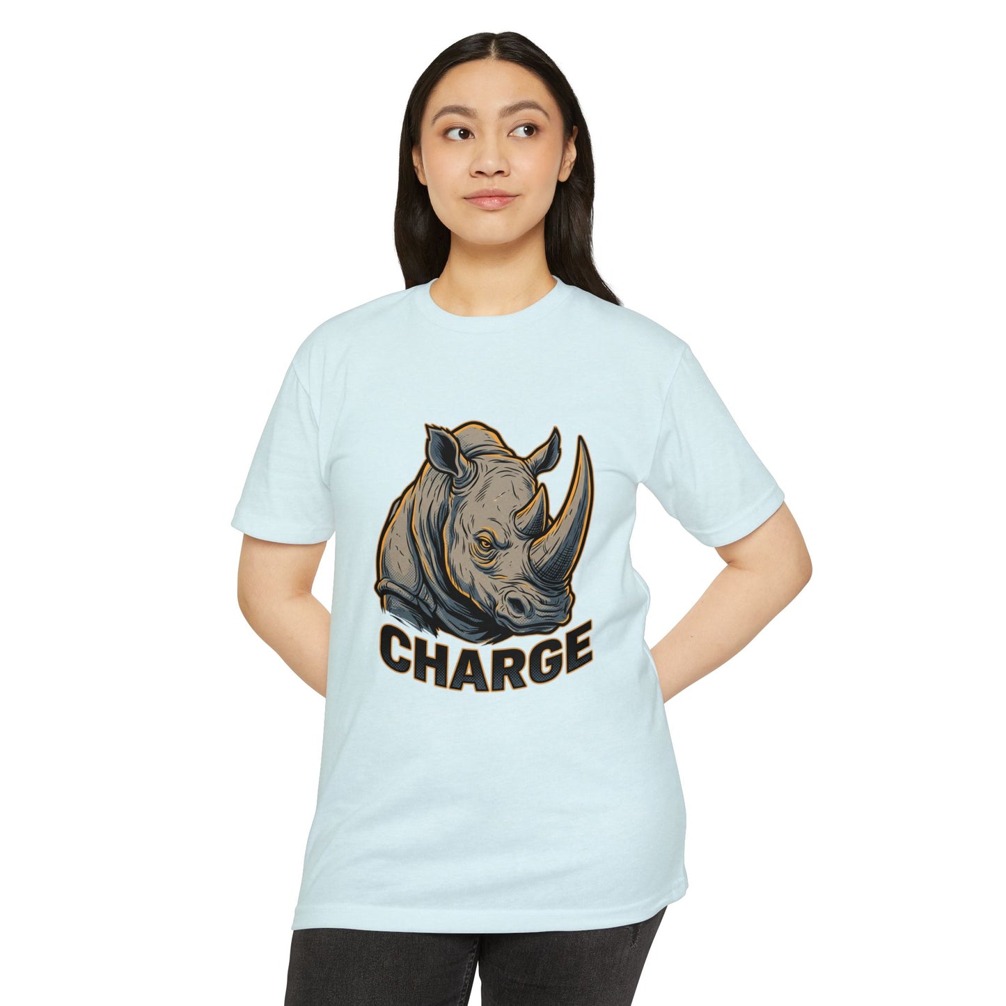 Rhino Charge Graphic T-Shirt — Bold Wildlife Tee with “CHARGE” Design