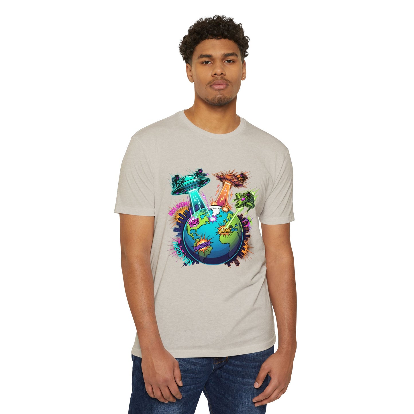 Alien Invasion Earth Graphic T-Shirt — UFOs Abducting Cities Art Tee