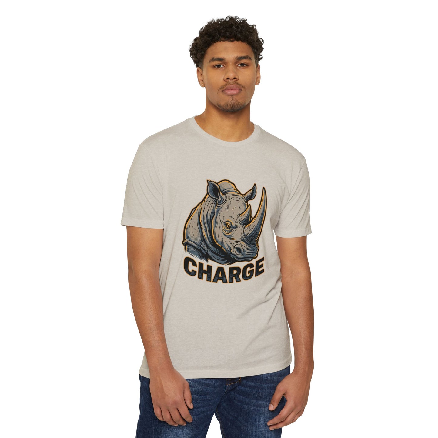 Rhino Charge Graphic T-Shirt — Bold Wildlife Tee with “CHARGE” Design