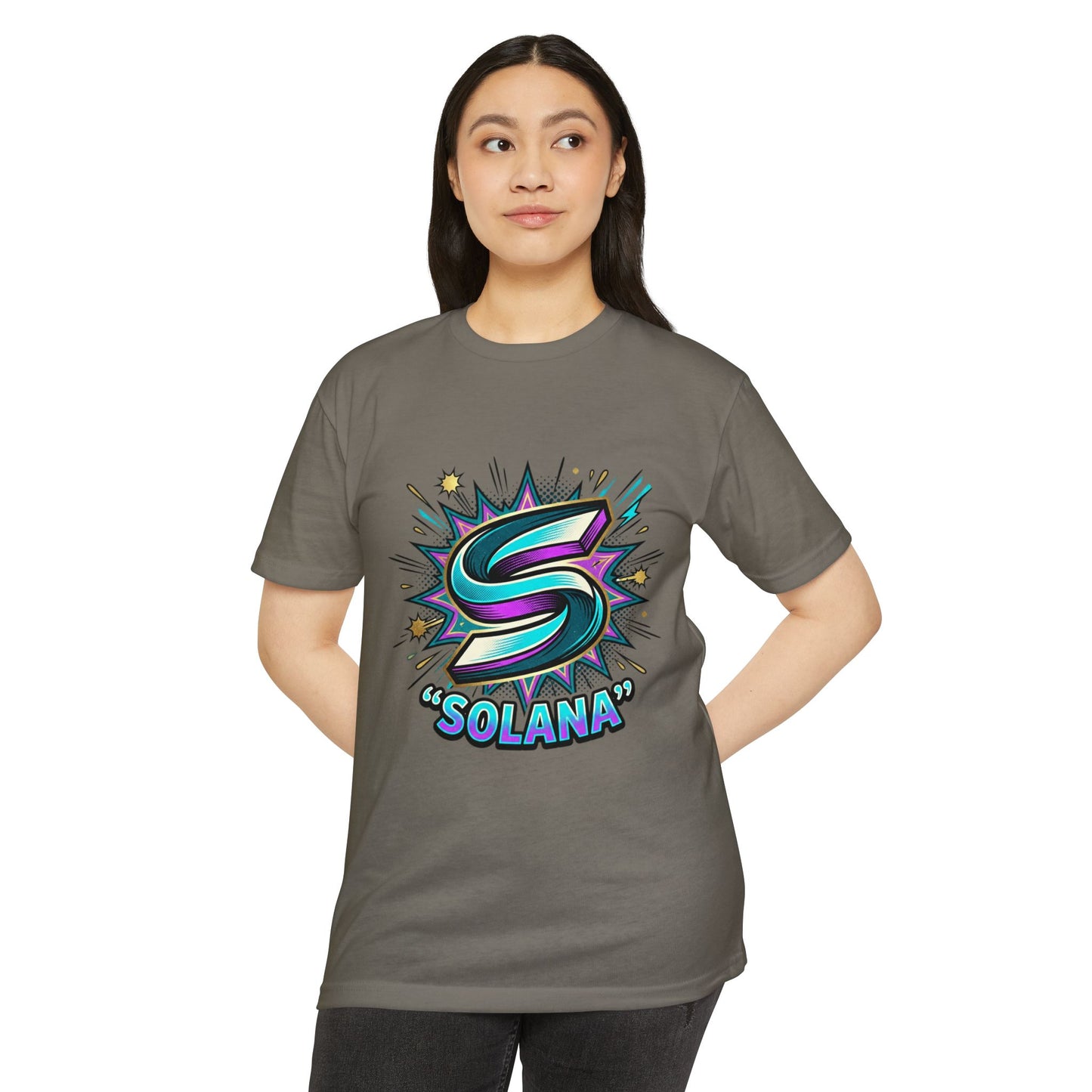 Camiseta com o logotipo Solana Comic — Camiseta Cripto Retrô Gamer