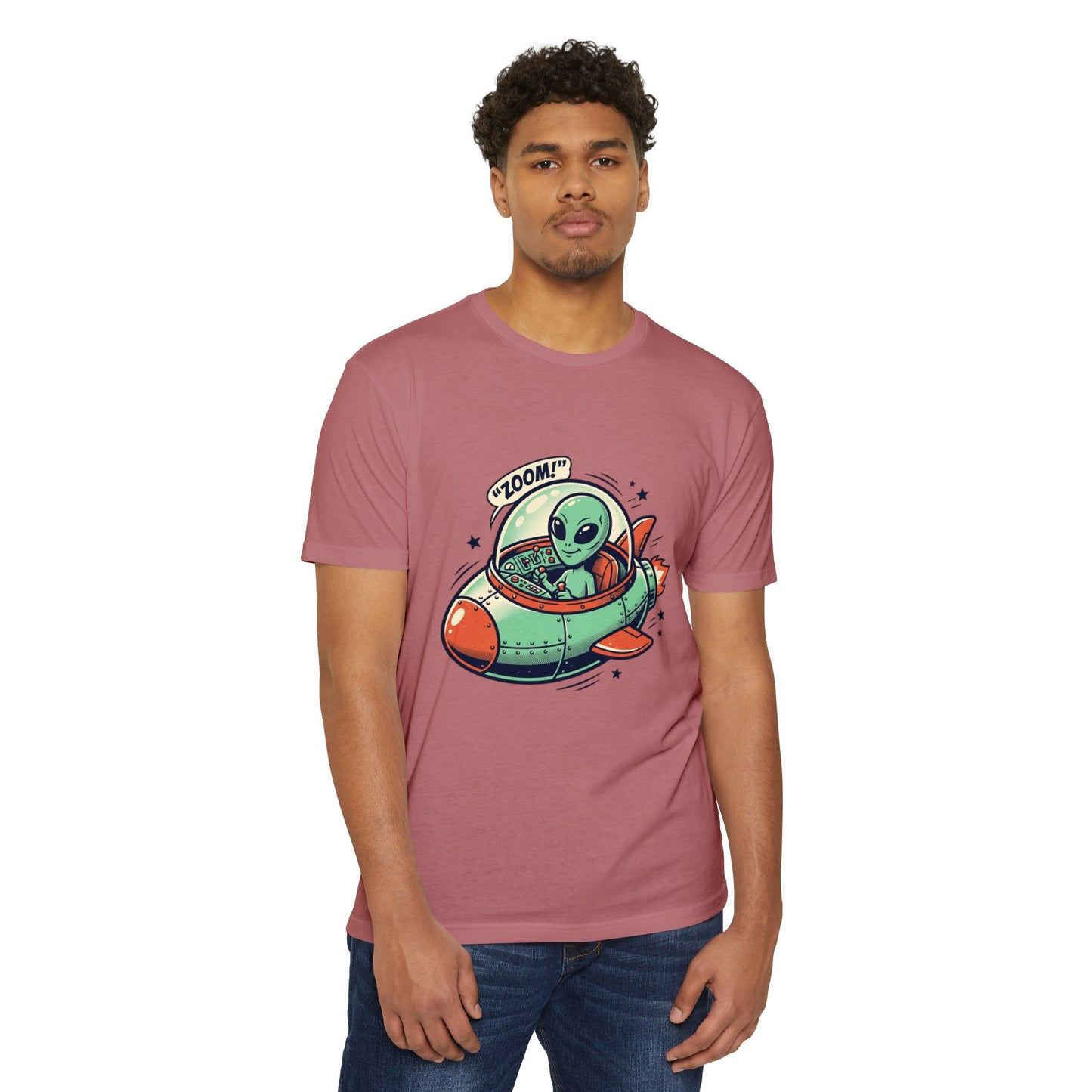 Alien Spaceship T-Shirt — Cute Green Alien Rocket 'Zoom!' Tee